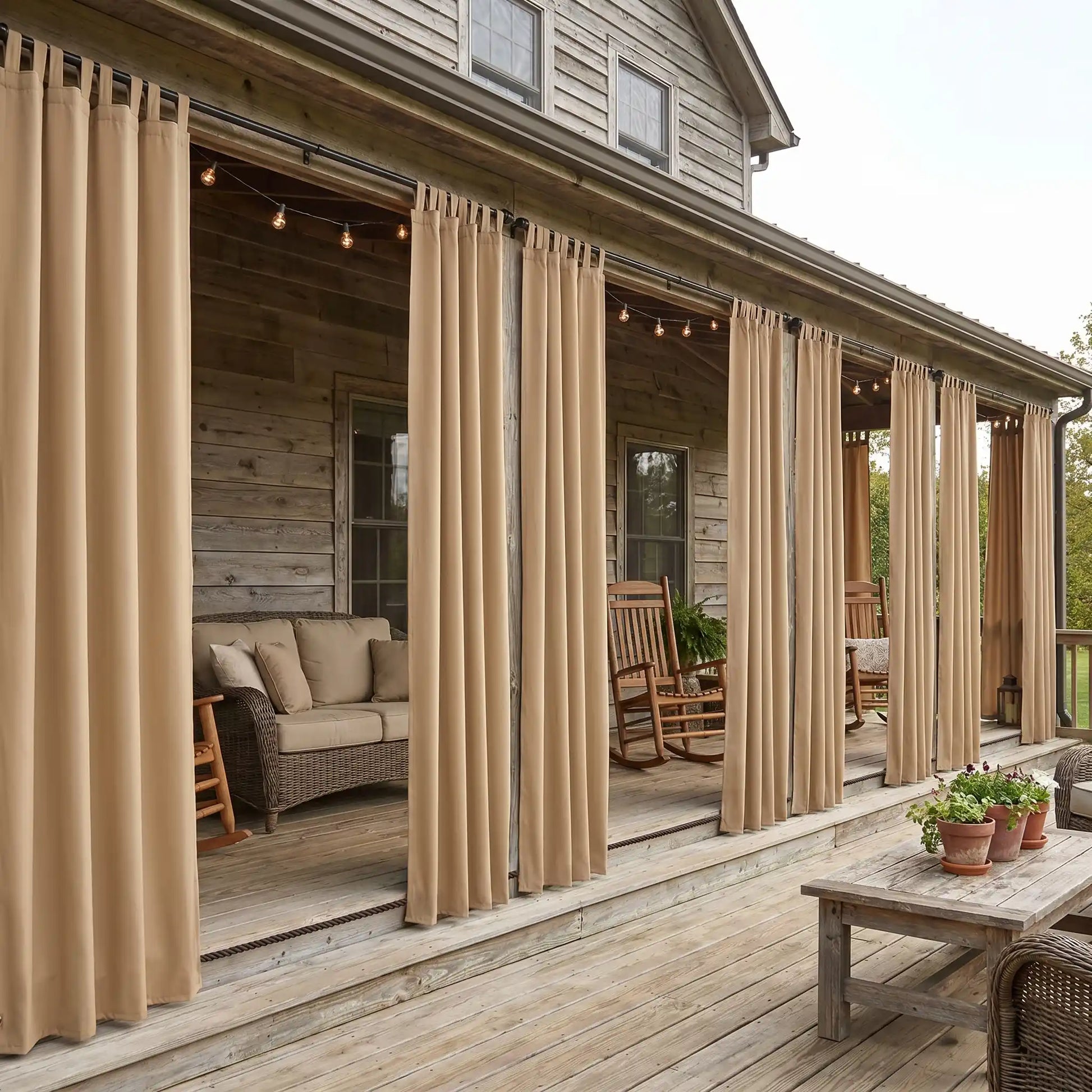 DWCN outdoor curtain with tab top and rope ties, windproof and waterproof fabric for outdoor patio or garden use.
