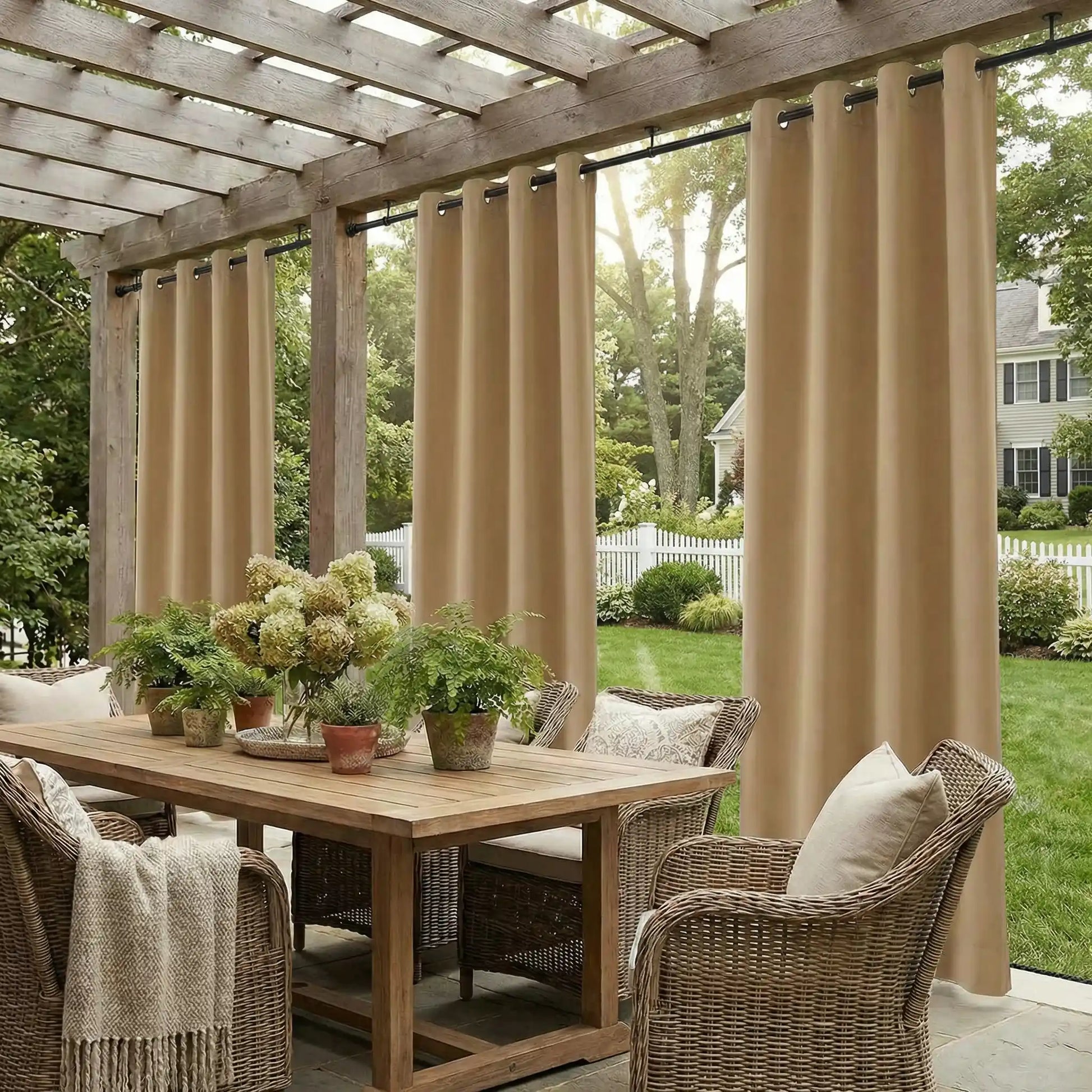 DWCN outdoor windproof and waterproof curtain with tab top and rope bottom, ideal for outdoor weather protection and privacy.