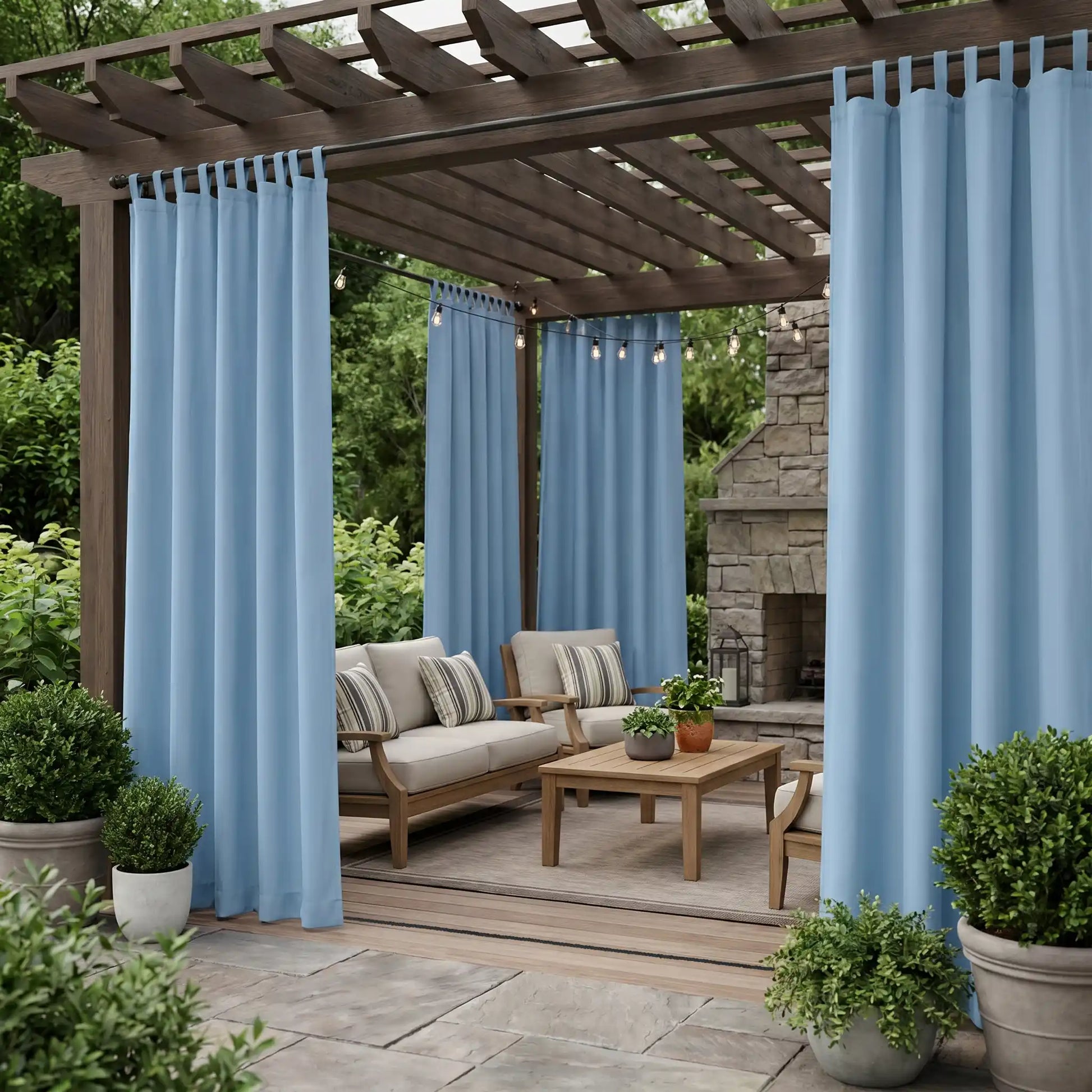 Outdoor waterproof windproof curtain with tab tops and ropes from DWCN Official, showing its durable fabric and secure hanging design.