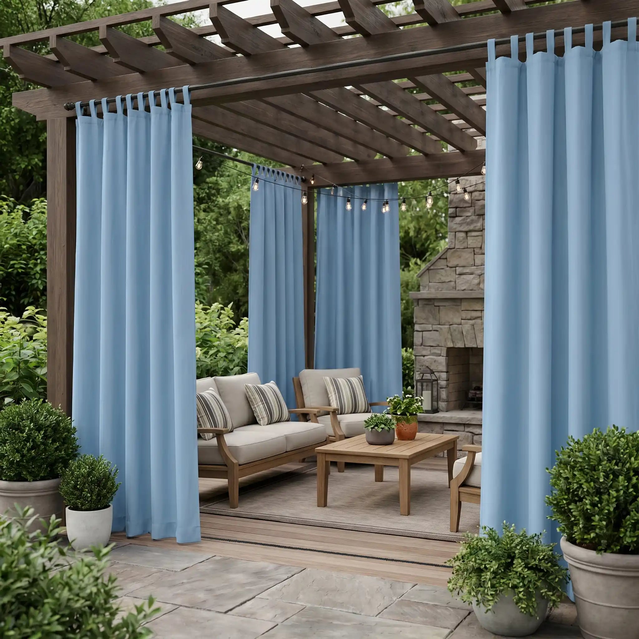 Outdoor waterproof windproof curtain with tab tops and ropes from DWCN Official, showing its durable fabric and secure hanging design.