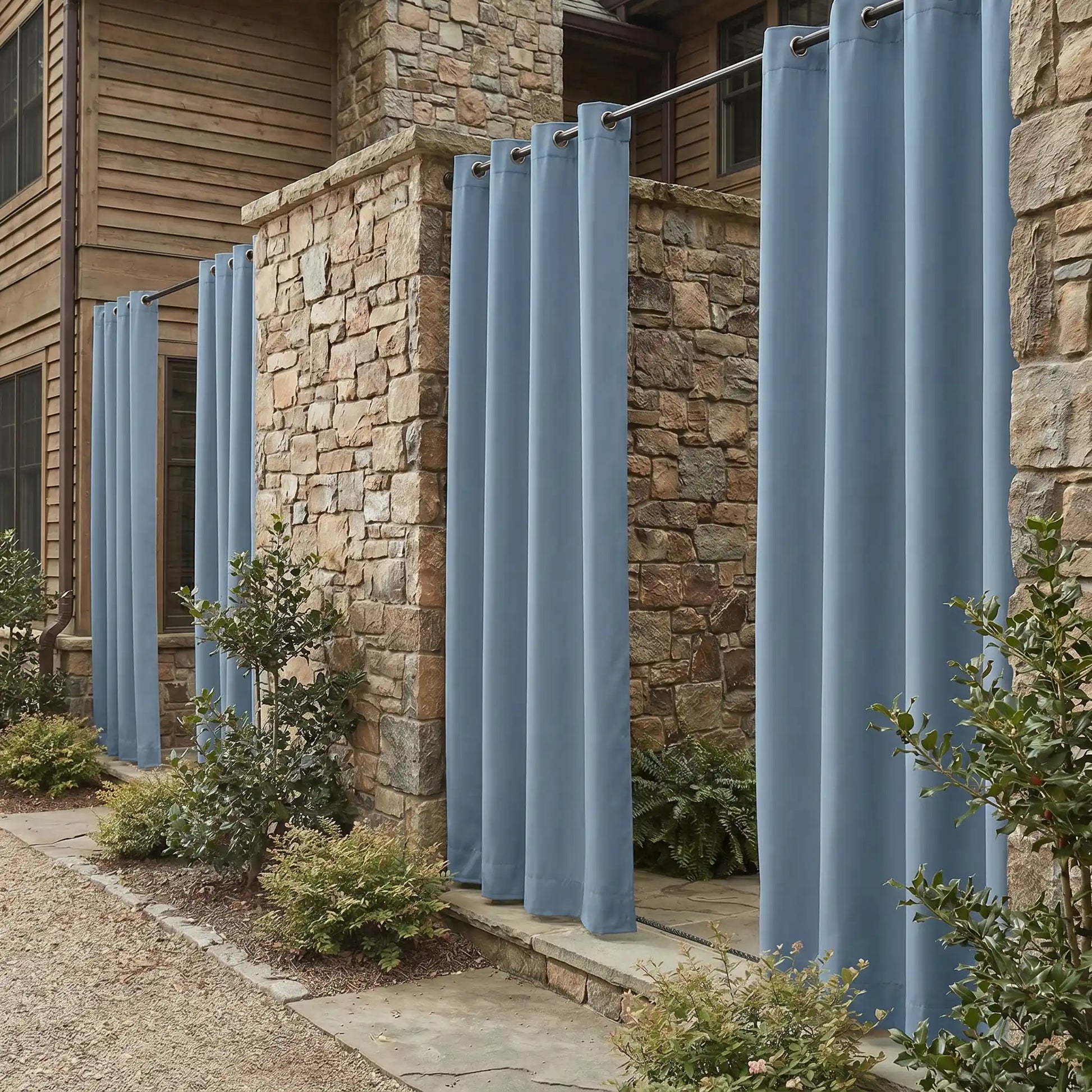 DWCN official outdoor curtain with grommet top and ropes bottom, windproof and waterproof for patio or balcony use.