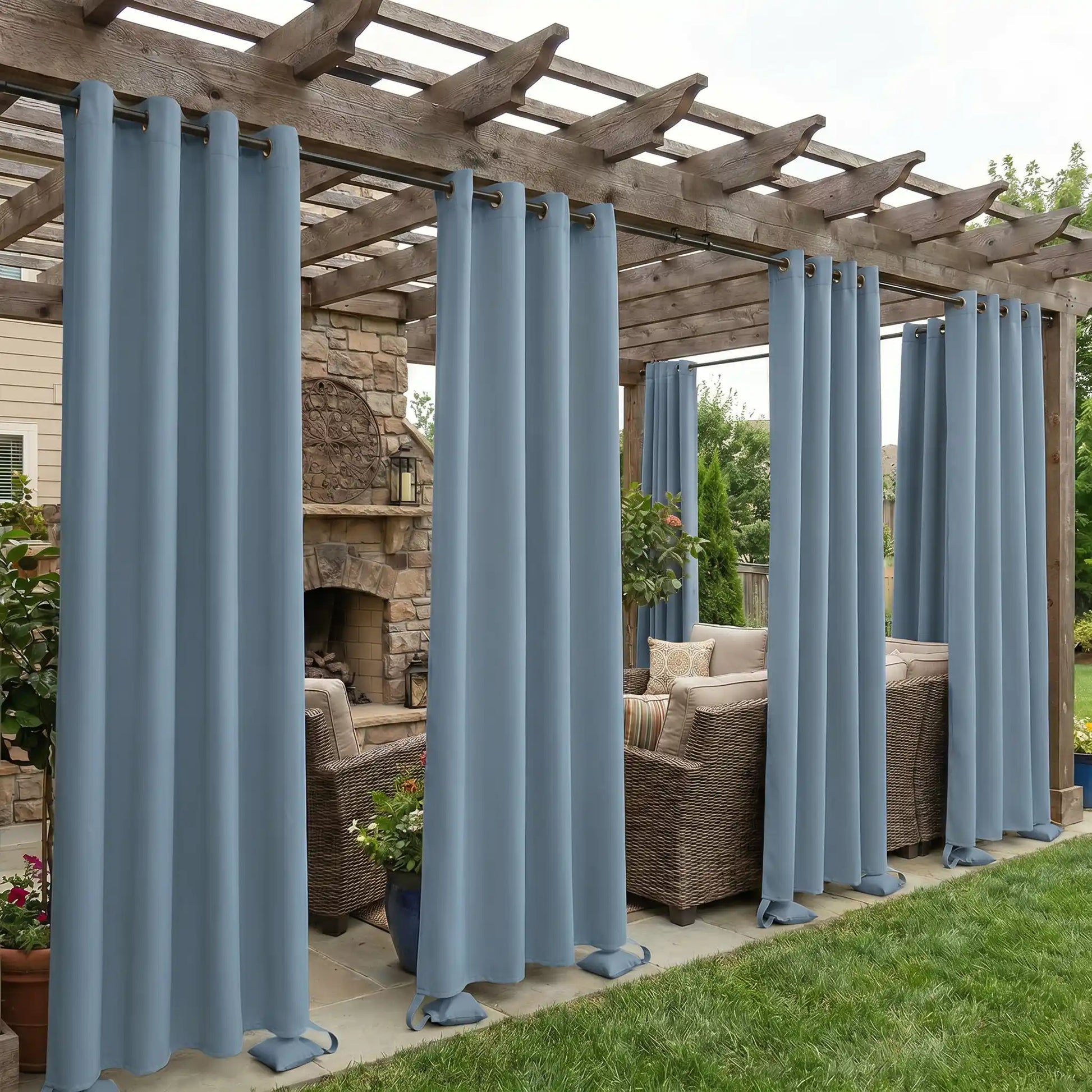 Waterproof outdoor curtain with grommet top and weighted bottom by DWCN Official, windproof and water-resistant for outdoor use.