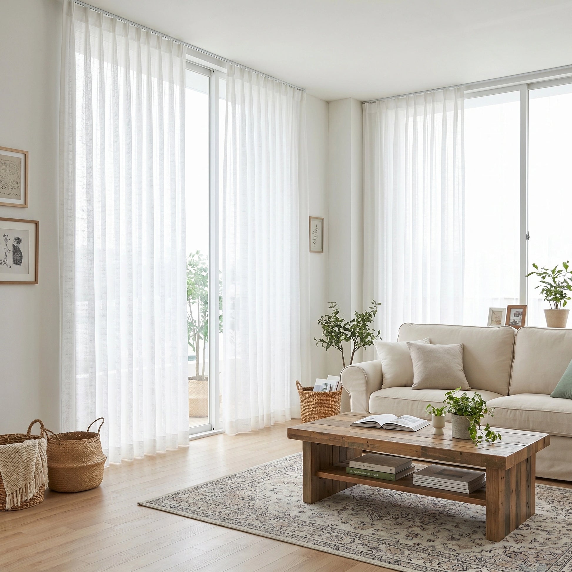 DWCN Official Theia Linen Sheer Curtains hanging in a room, showcasing their lightweight, airy fabric and elegant design.