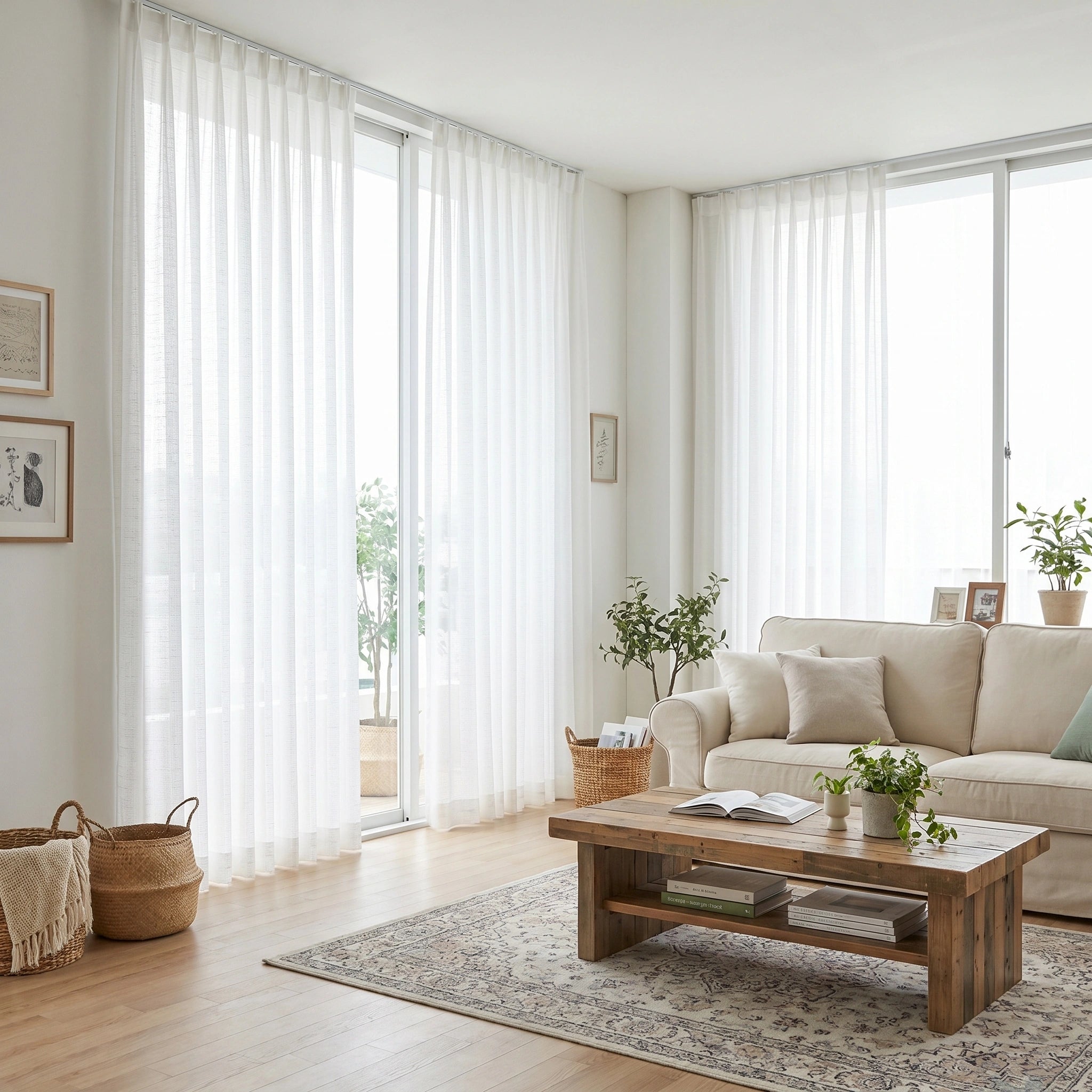 DWCN Official Theia Linen Sheer Curtains hanging in a room, showcasing their lightweight, airy fabric and elegant design.