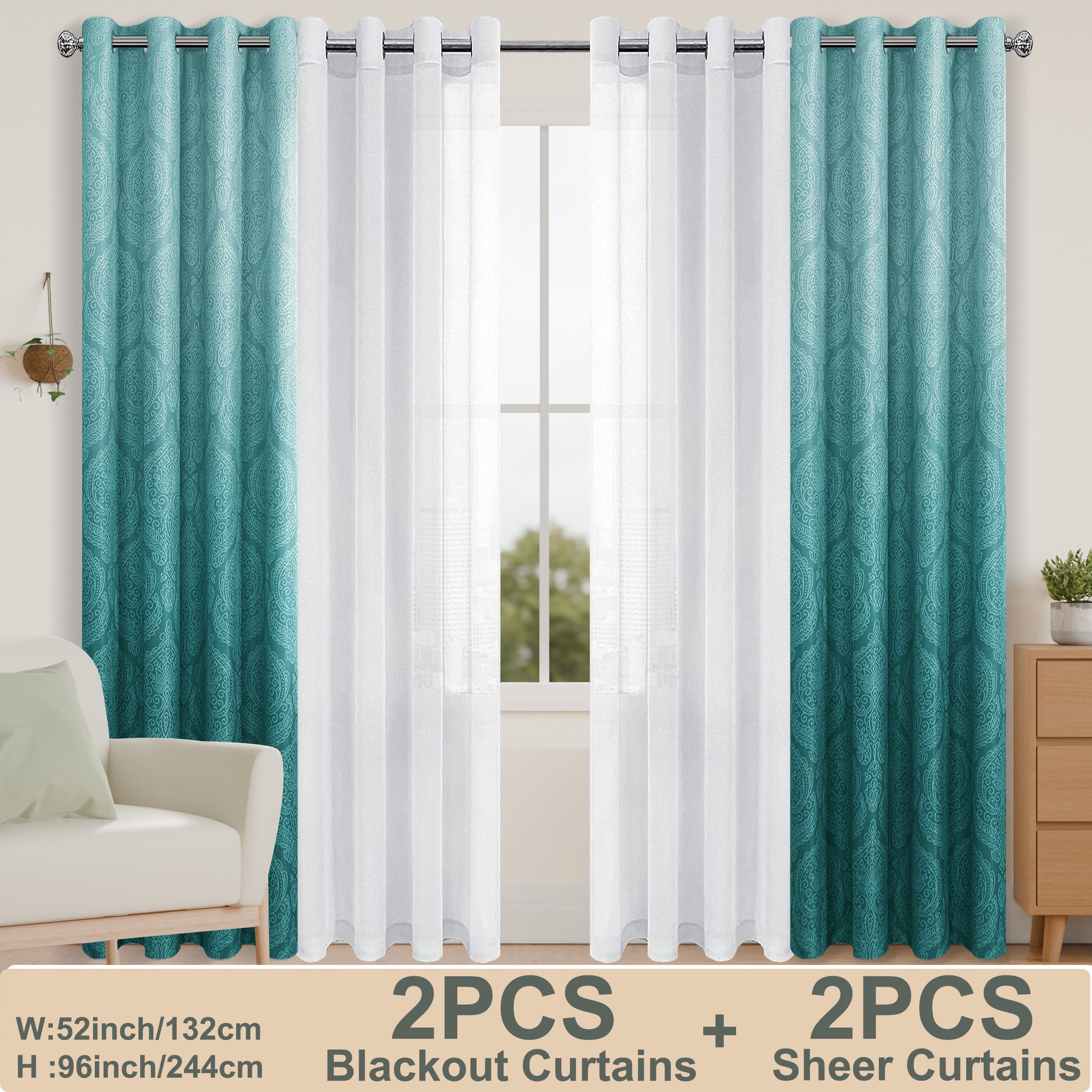 4pcs/SET Curtains - 2pcs Ombre Blackout Curtains And 2pcs Semi Sheer Curtains