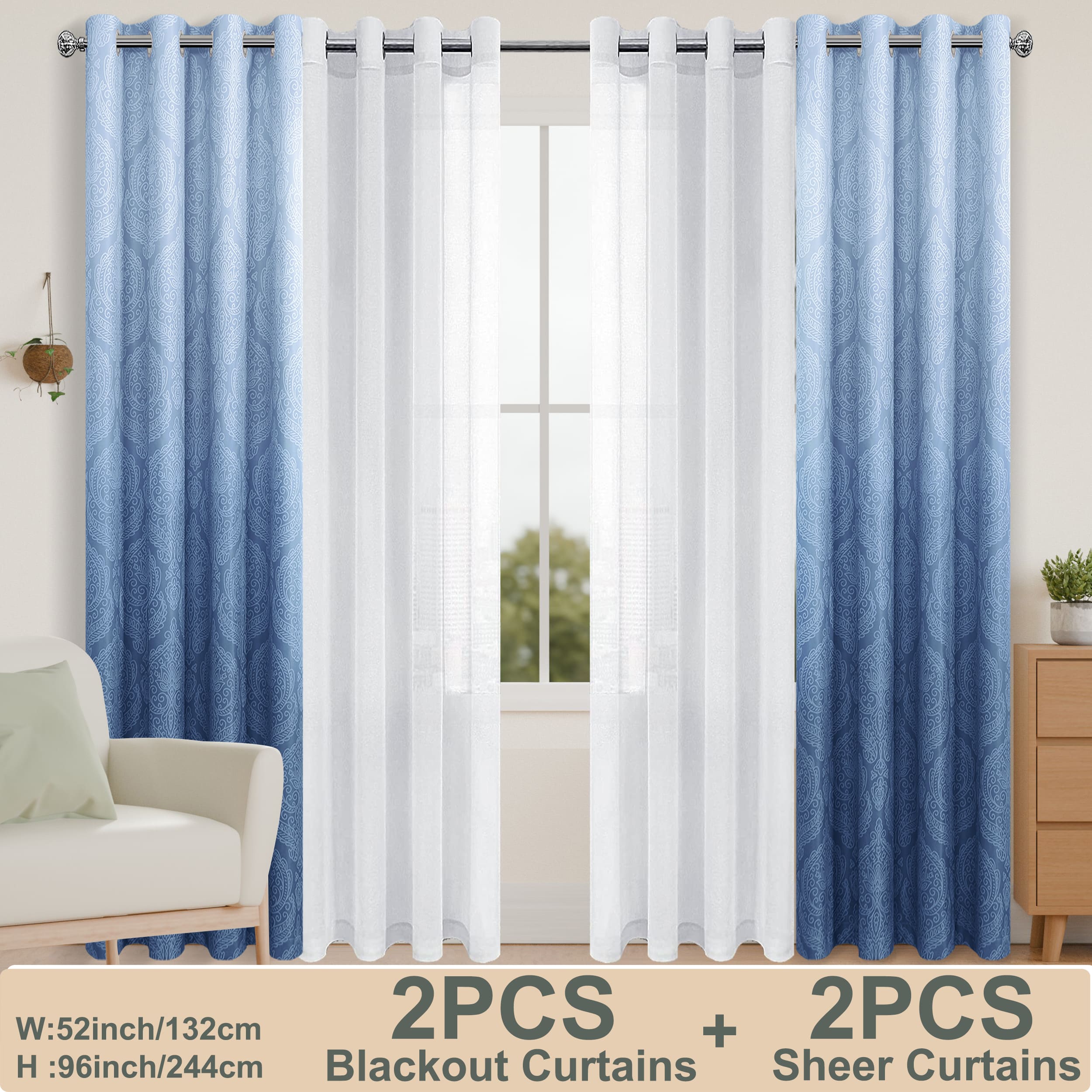 4pcs/SET Curtains - 2pcs Ombre Blackout Curtains And 2pcs Semi Sheer Curtains