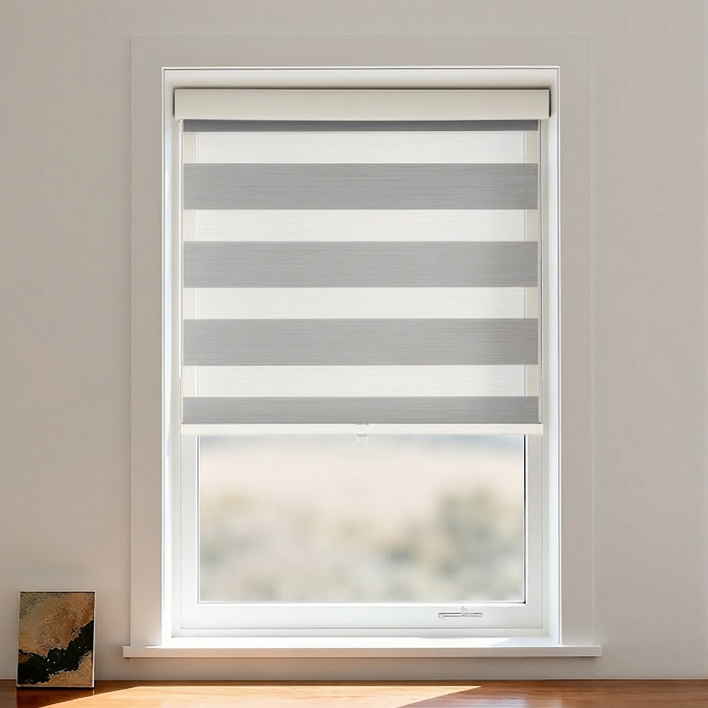 Blackout zebra shade by DWCN Official featuring cordless design with black and white striped fabric for window privacy and light control.