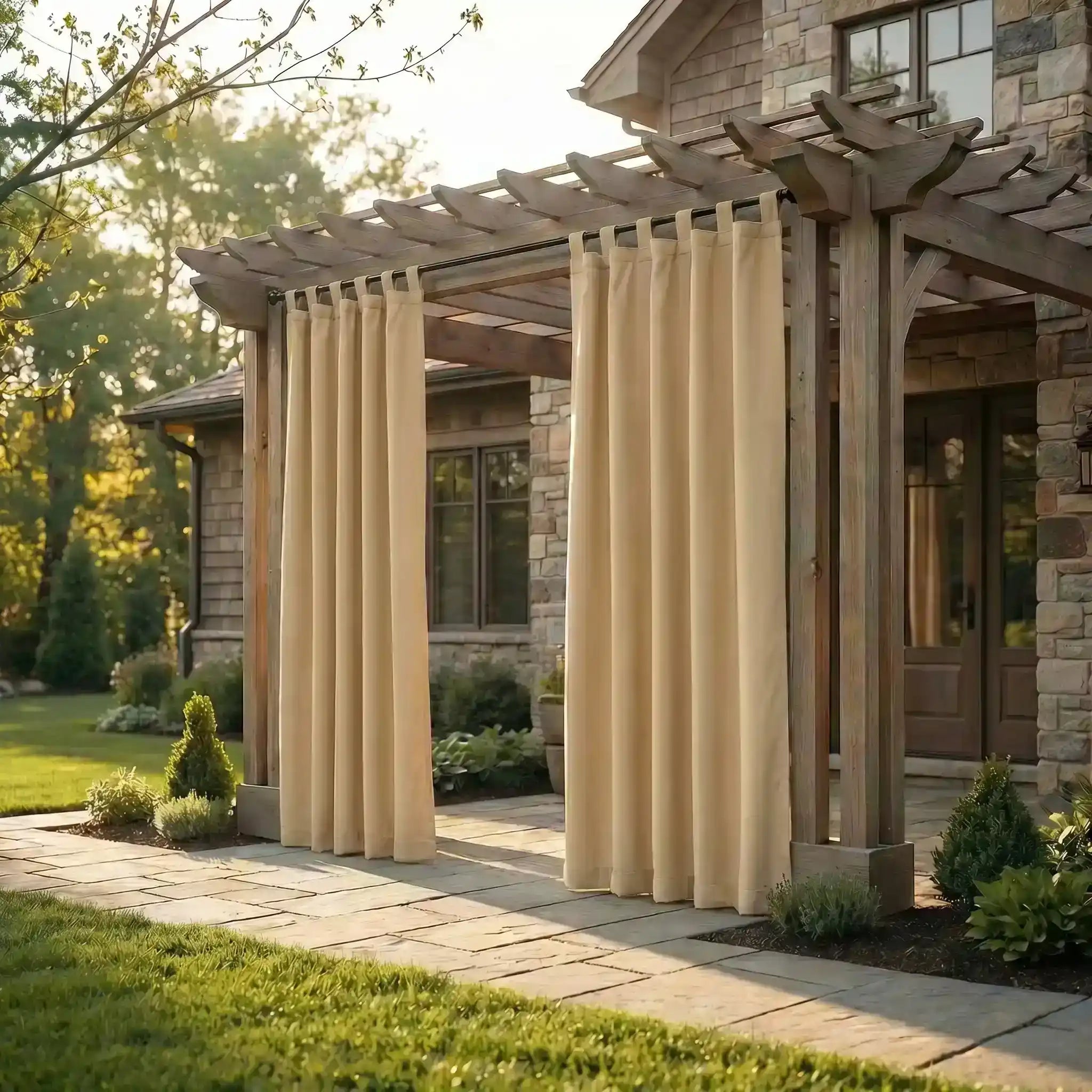DWCN Official waterproof outdoor curtain with tab top design, ideal for weather-resistant outdoor patio or balcony shading.
