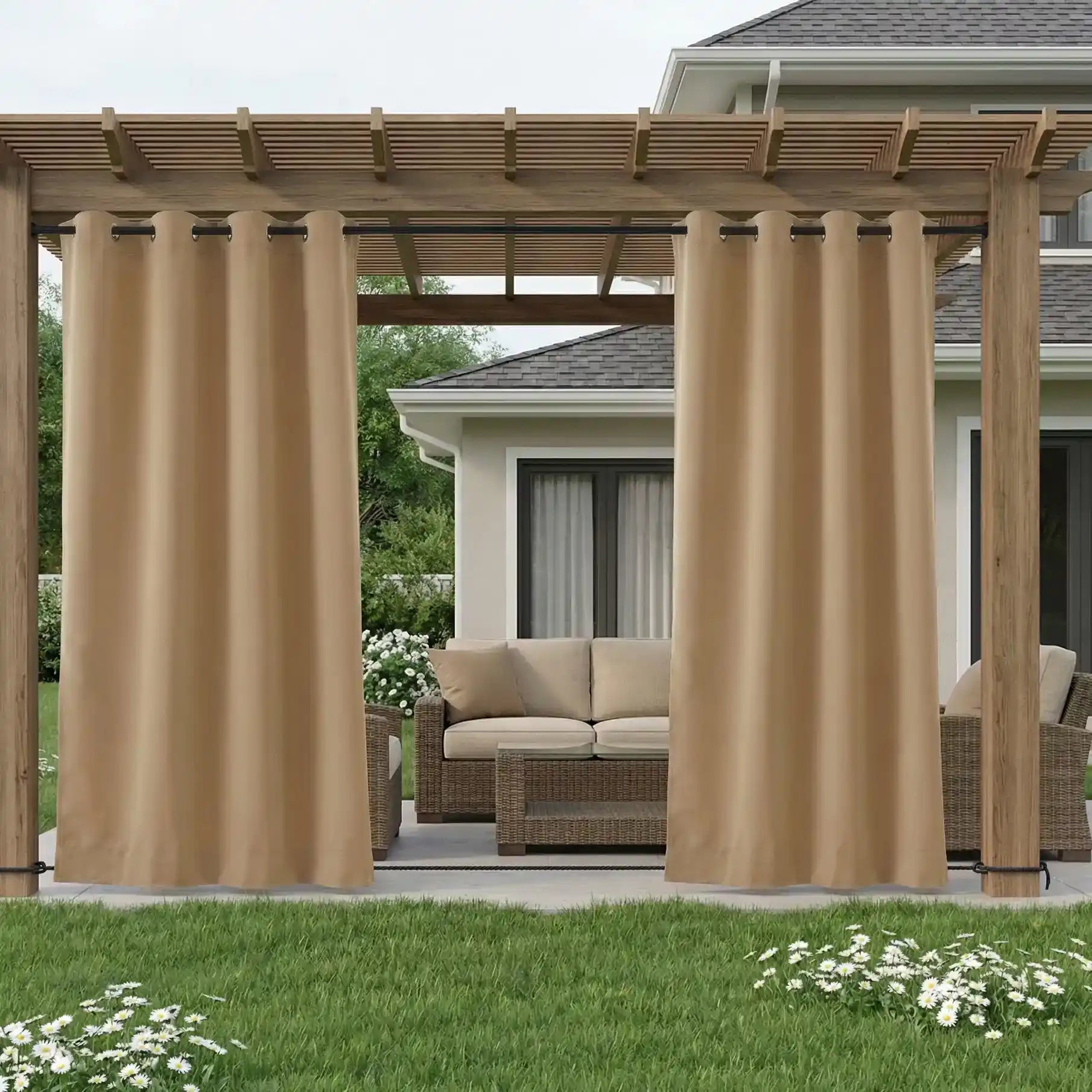 DWCN Official outdoor curtain with grommets and ropes, windproof and waterproof fabric, shown hanging outdoors with a scenic background.