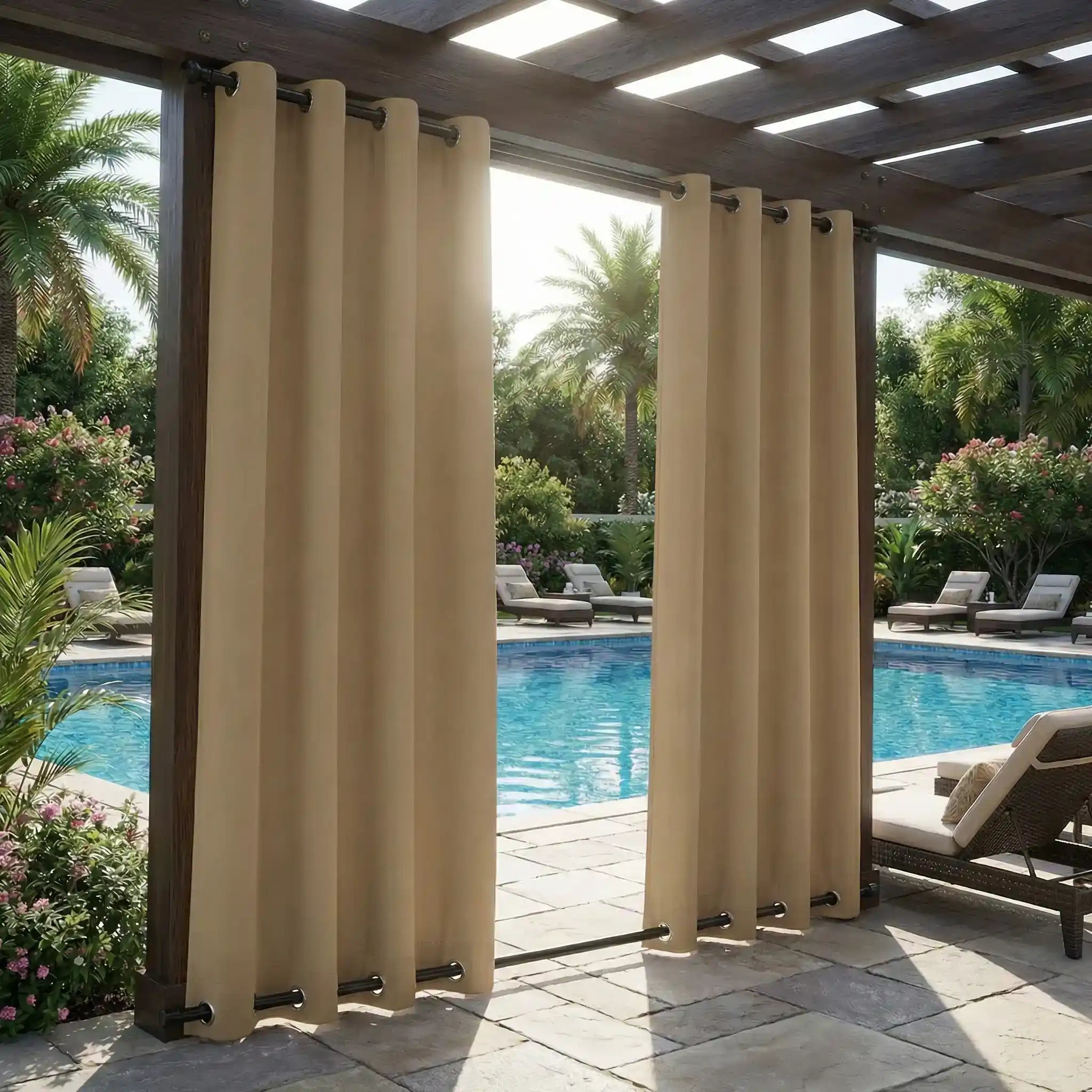Outdoor curtains with grommet top and bottom, waterproof and windproof, in neutral fabric, by DWCN Official.