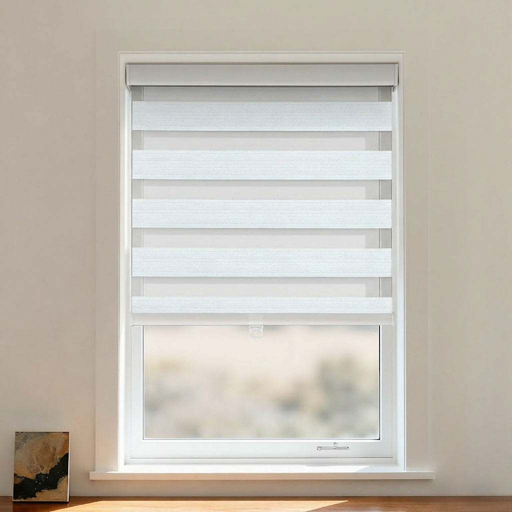 Black cordless zebra shade by DWCN Official featuring black and white blackout zebra pattern window covering.
