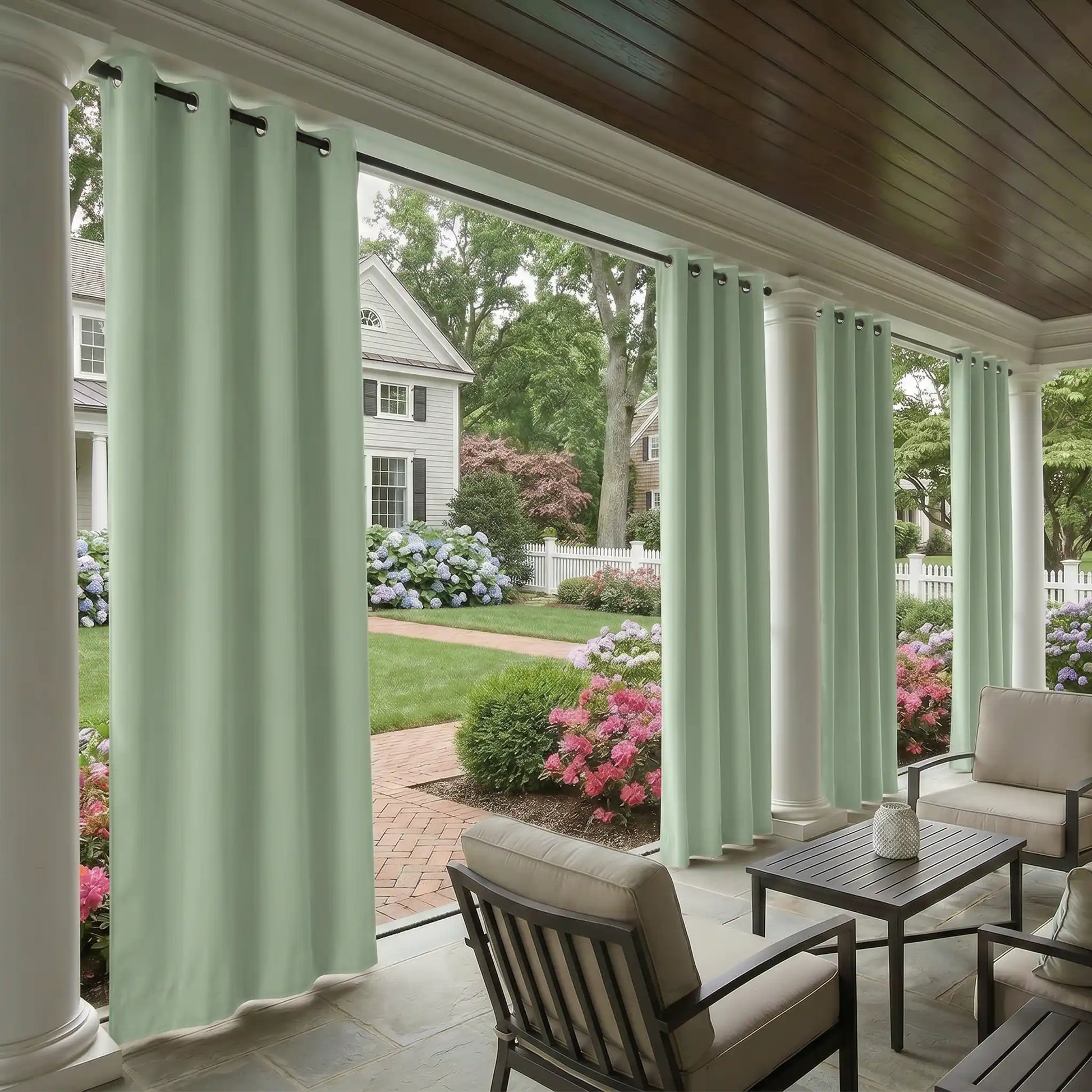 Outdoor waterproof curtain with grommet top and ropes bottom by DWCN Official, windproof fabric for patio or balcony use.