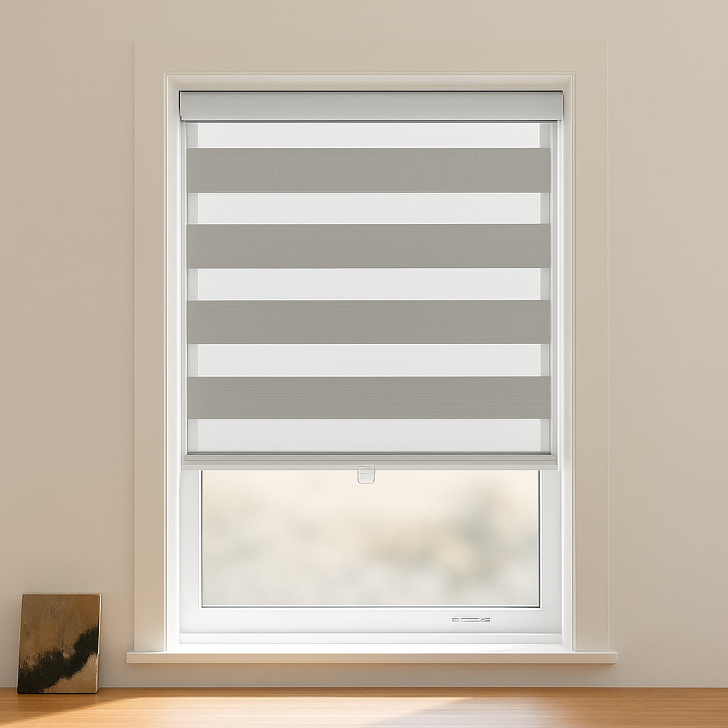 Black blackout zebra shade from DWCN Official featuring cordless design, with black and white striped fabric for light control and privacy.