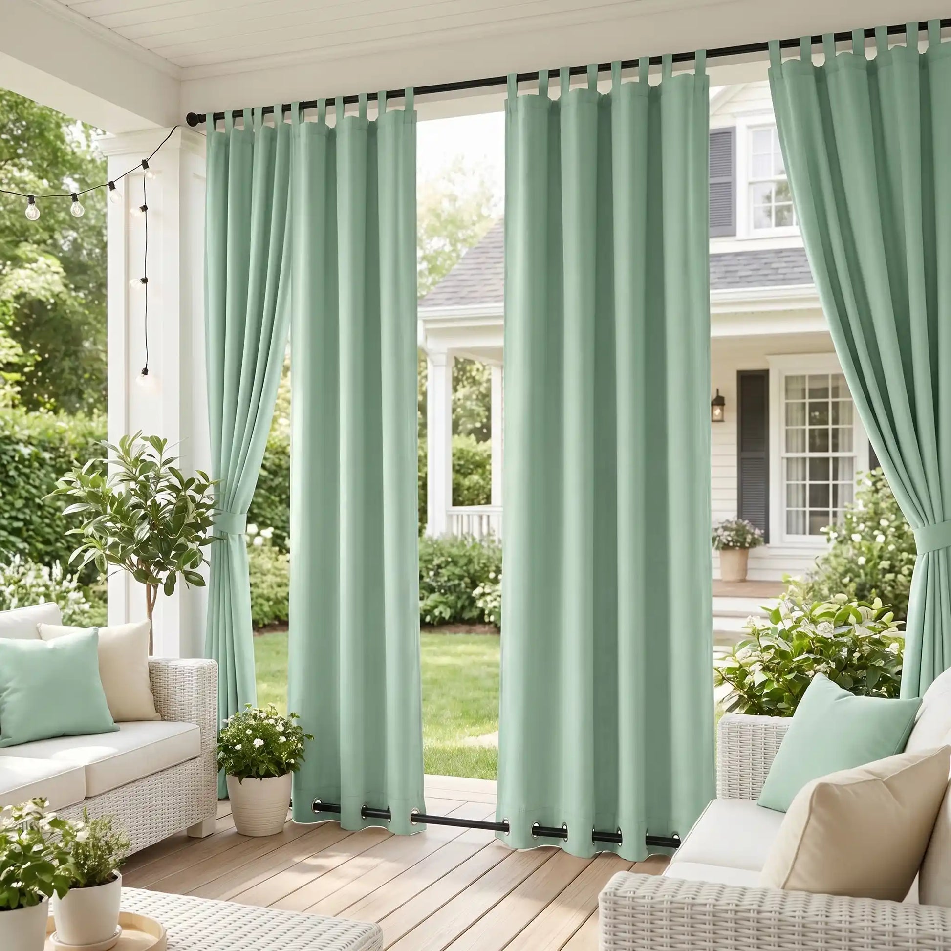 DWCN Official outdoor curtains with tab top and grommet bottom, waterproof and windproof for patio or garden use