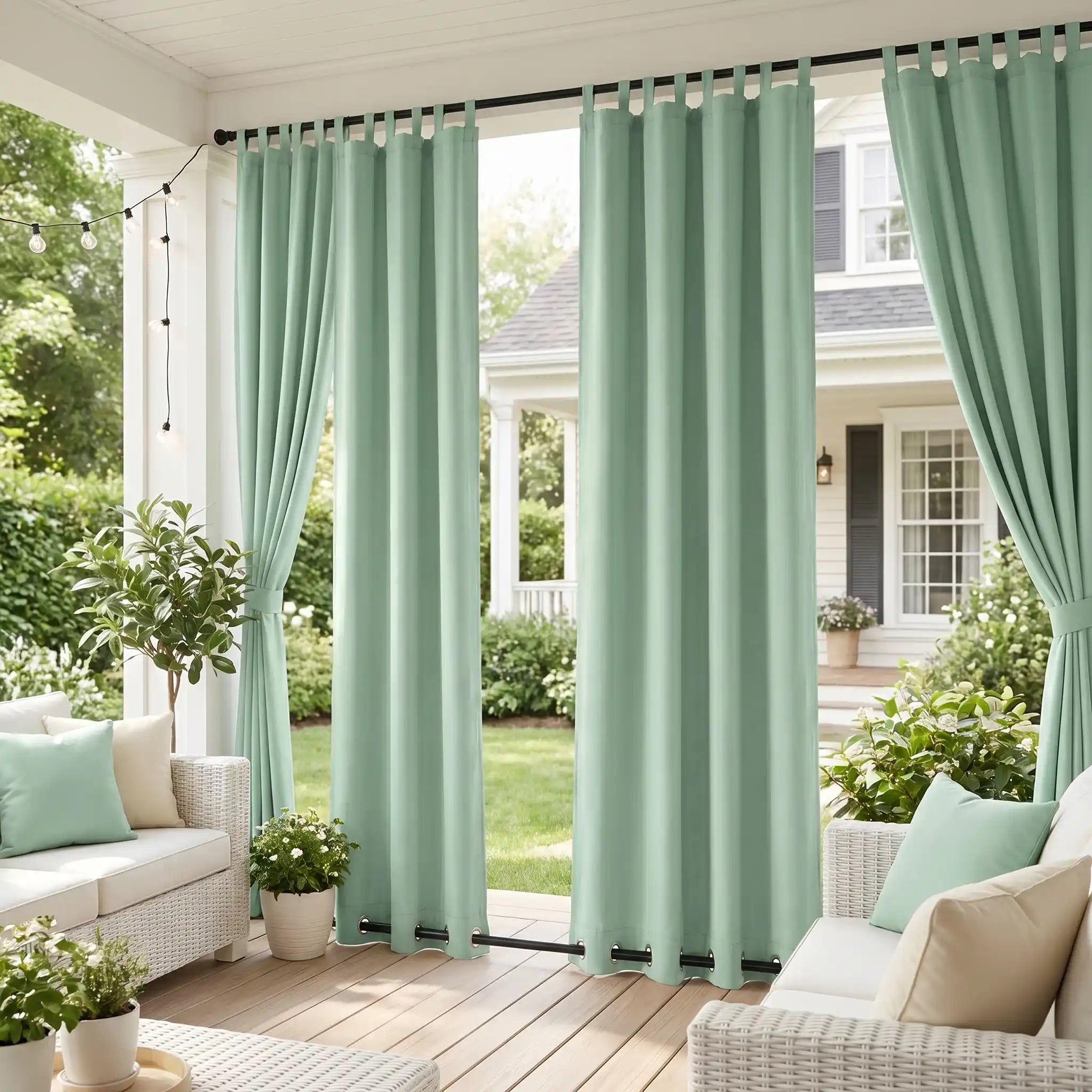DWCN Official outdoor curtains with tab top and grommet bottom, waterproof and windproof for patio or garden use