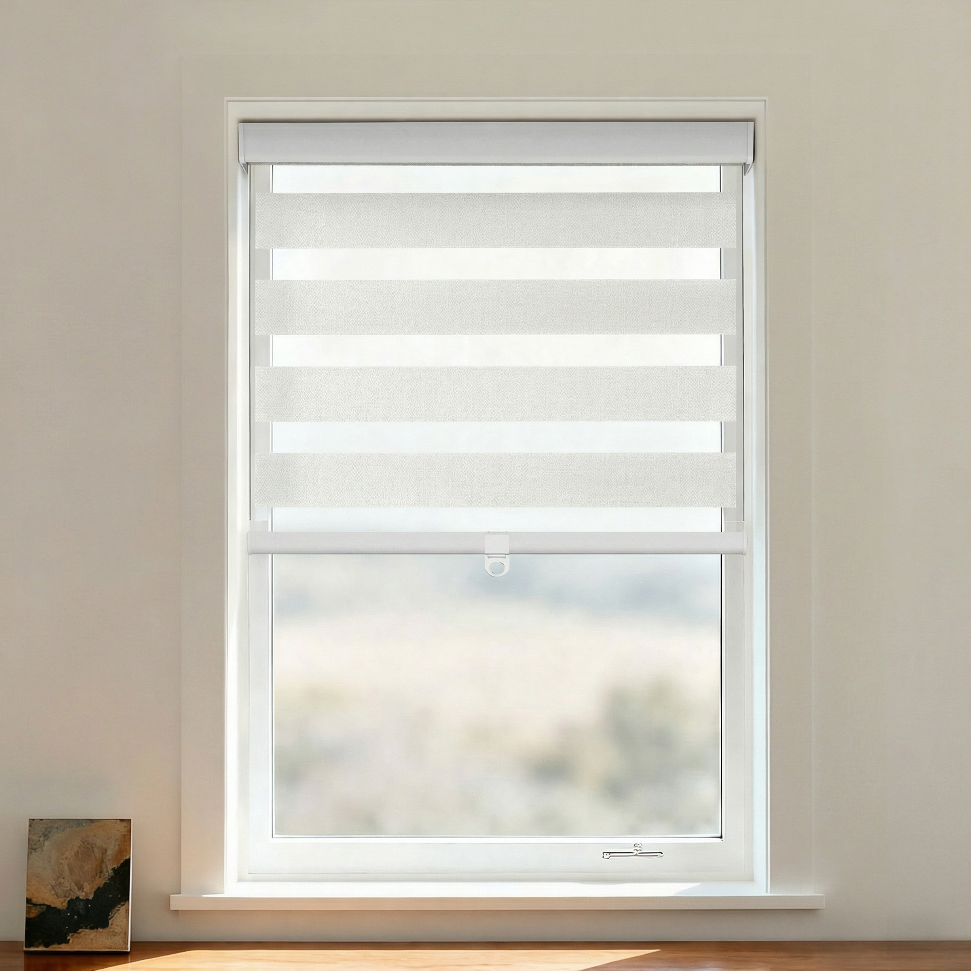 Blackout zebra shade by DWCN Official featuring cordless design in black, with zebra stripe pattern for light control and privacy.