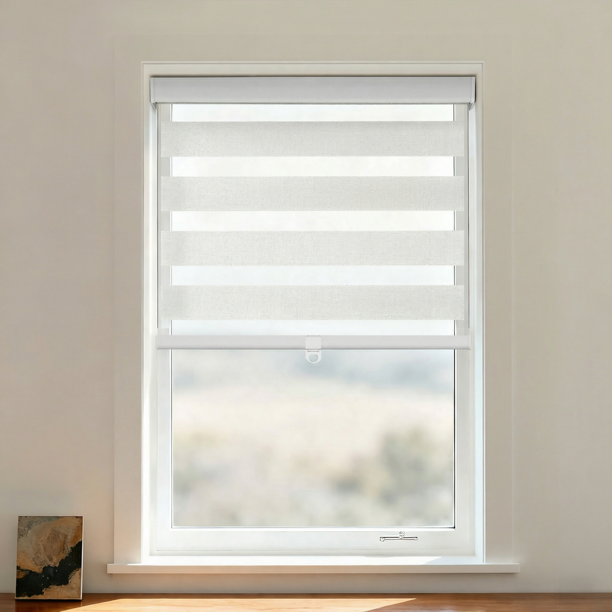 Blackout zebra shade by DWCN Official featuring cordless design in black, with zebra stripe pattern for light control and privacy.