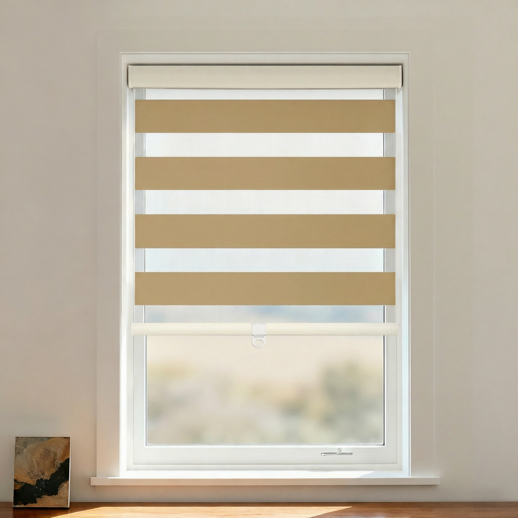 DWCN Official black blackout zebra shade with cordless design, featuring black and white alternating fabric strips for light control