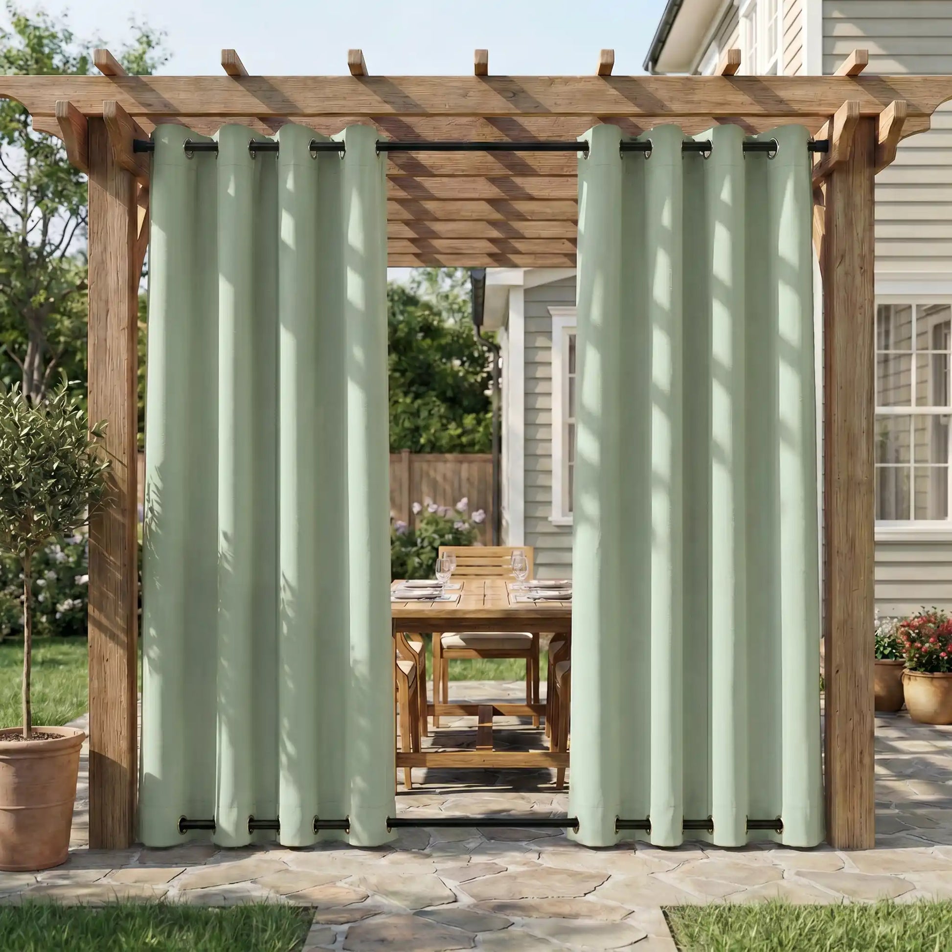 Outdoor waterproof curtains with grommet tops and bottom windproof design by DWCN Official, suitable for patio or porch use.