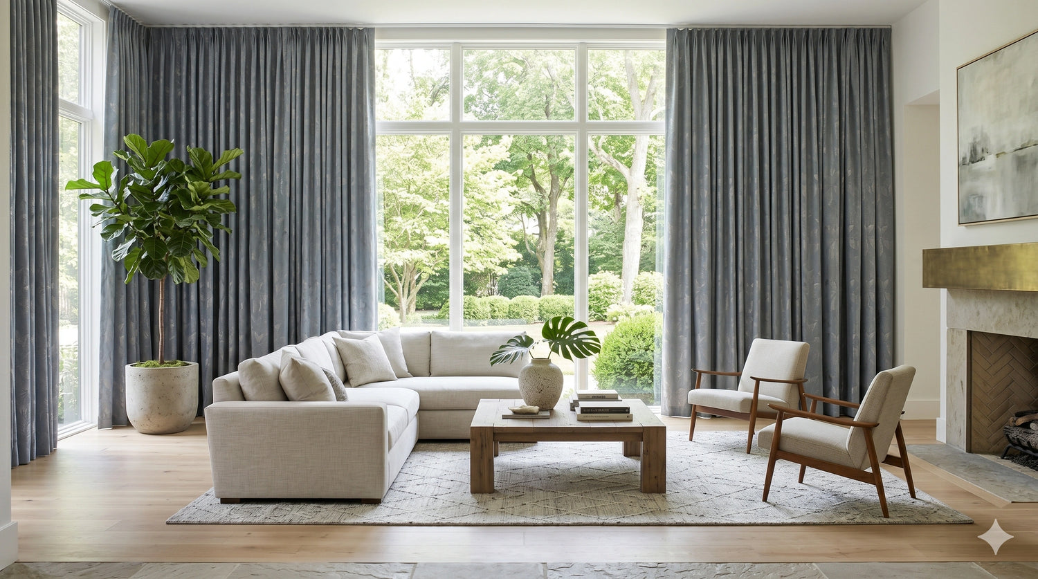 DWCN Home custom curtains for a bright living room, featuring gray floor to ceiling drapes, wide window coverage, and elegant pleated styling.
