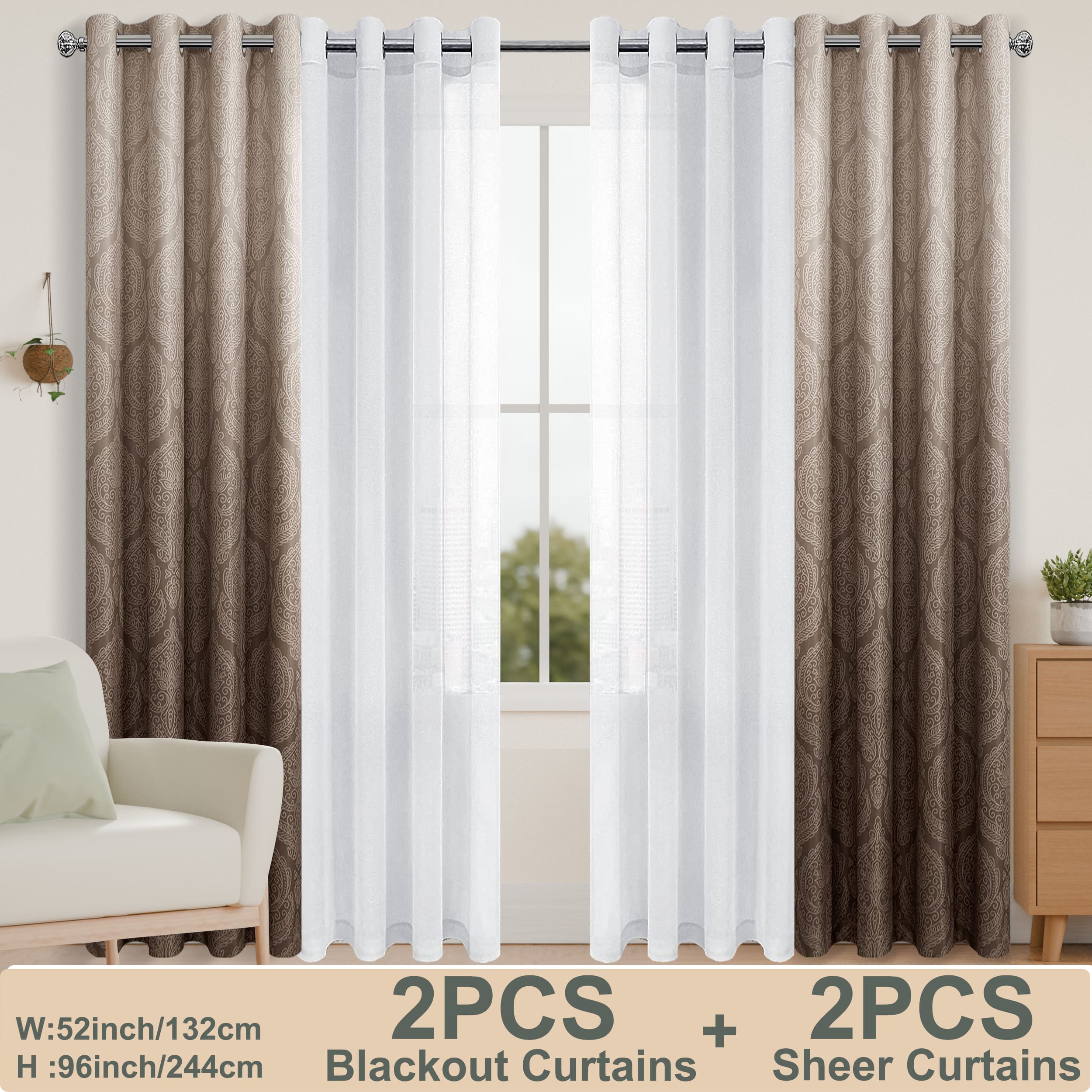4pcs/SET Curtains - 2pcs Ombre Blackout Curtains And 2pcs Semi Sheer Curtains