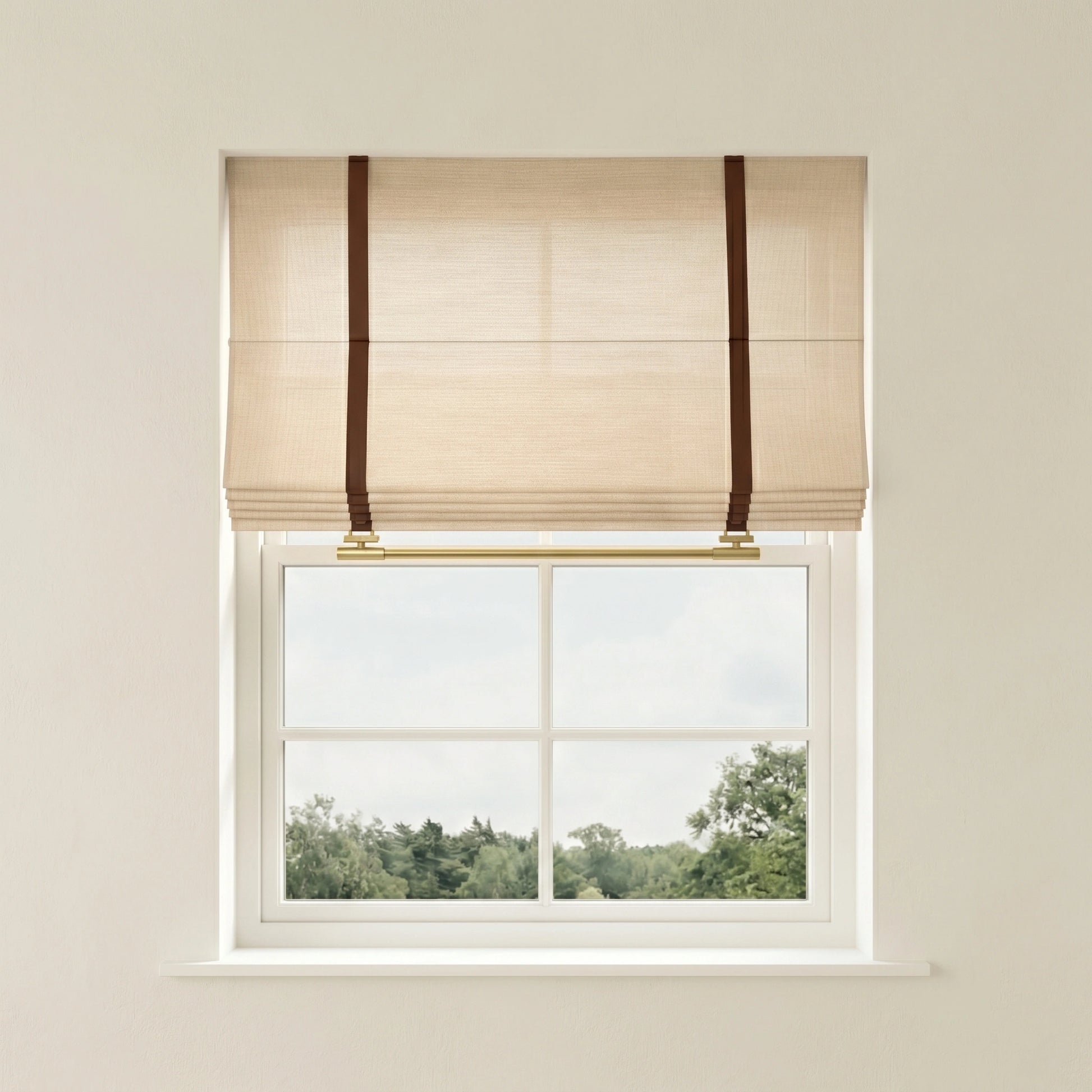 Light gray linen Roman shades with pleats and a clean finish, custom-made by DWCN Official for elegant window decor.