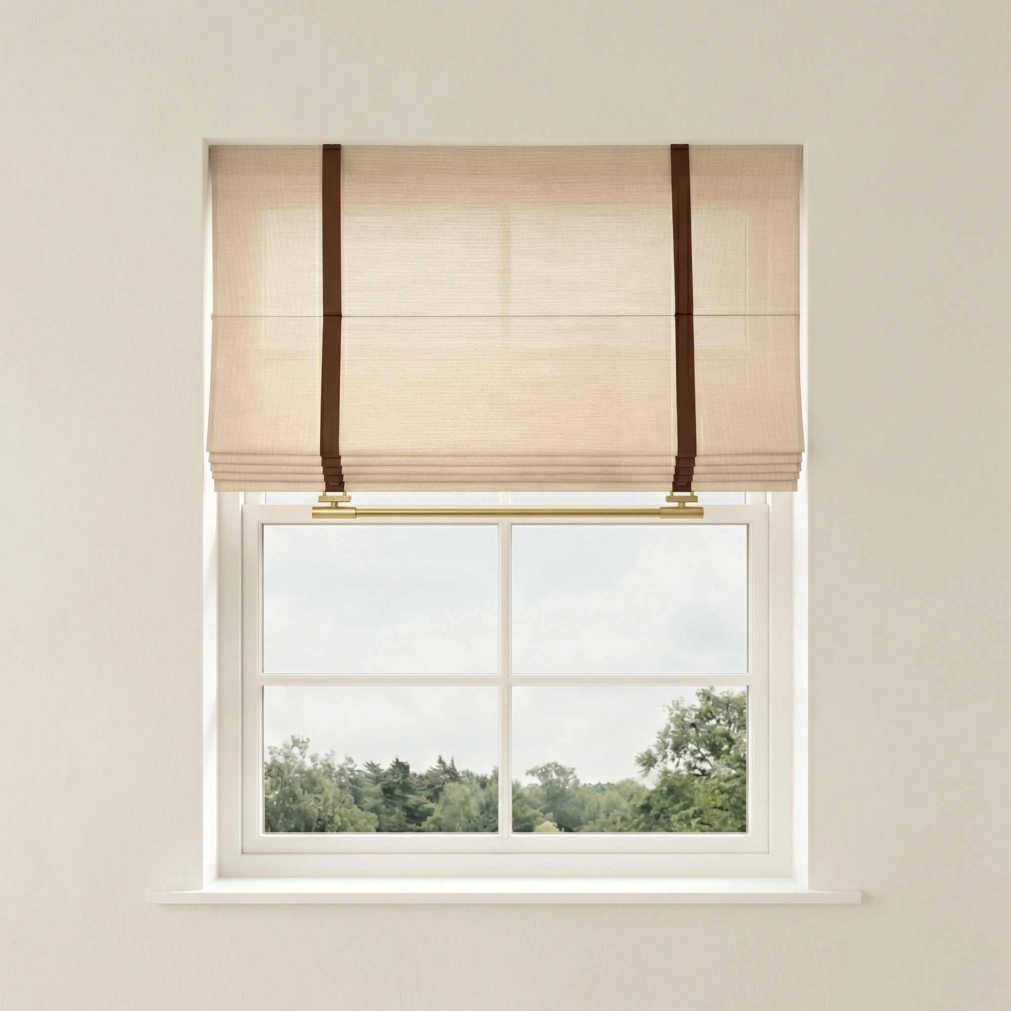 Light gray linen Roman shades with pleats and a clean finish, custom-made by DWCN Official for elegant window decor.