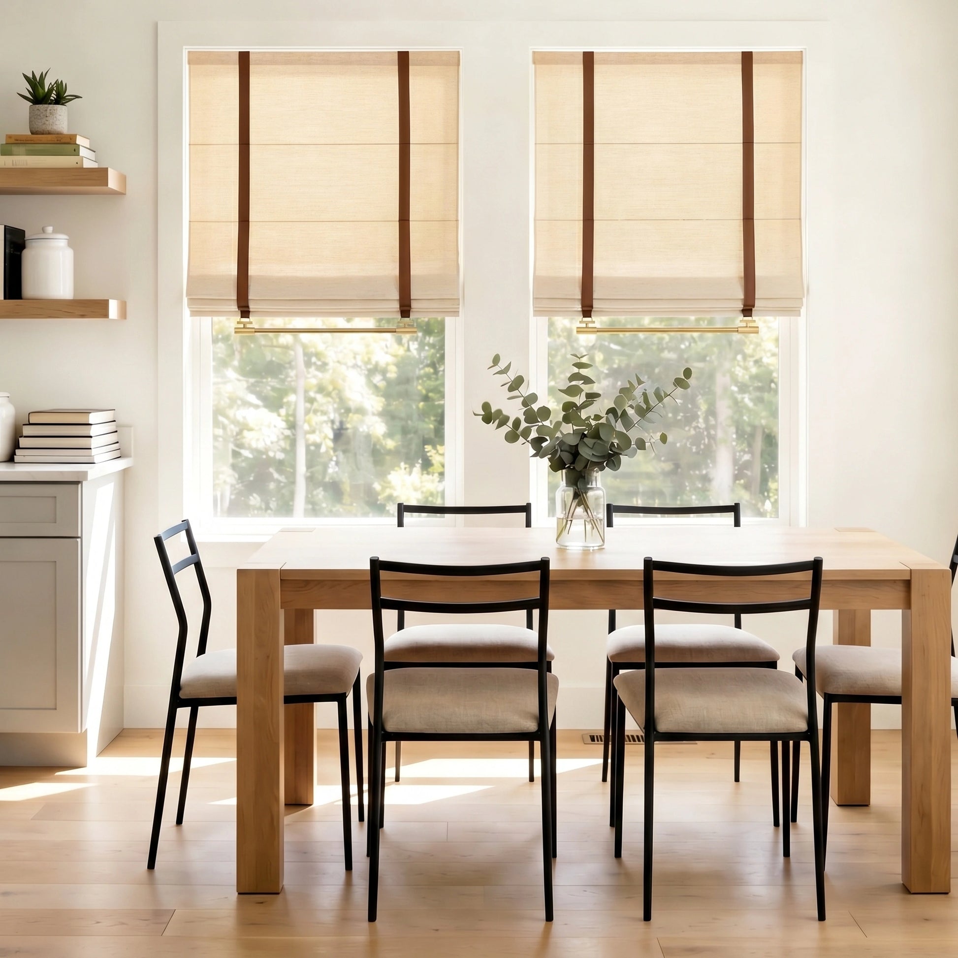 DWCN Official Freya Custom Linen Roman Shades in neutral fabric, showcasing elegant, handcrafted window treatment with folded design.