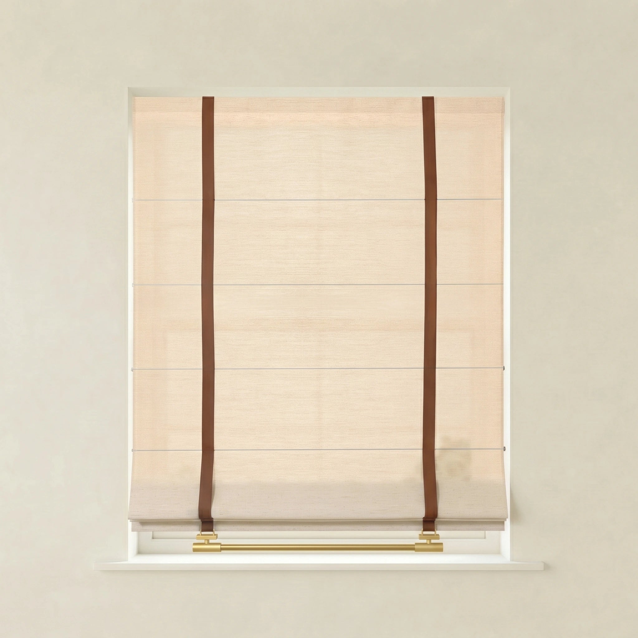 DWCN Official Freya custom linen Roman shades, light beige fabric with elegant fold details and clean window coverage.