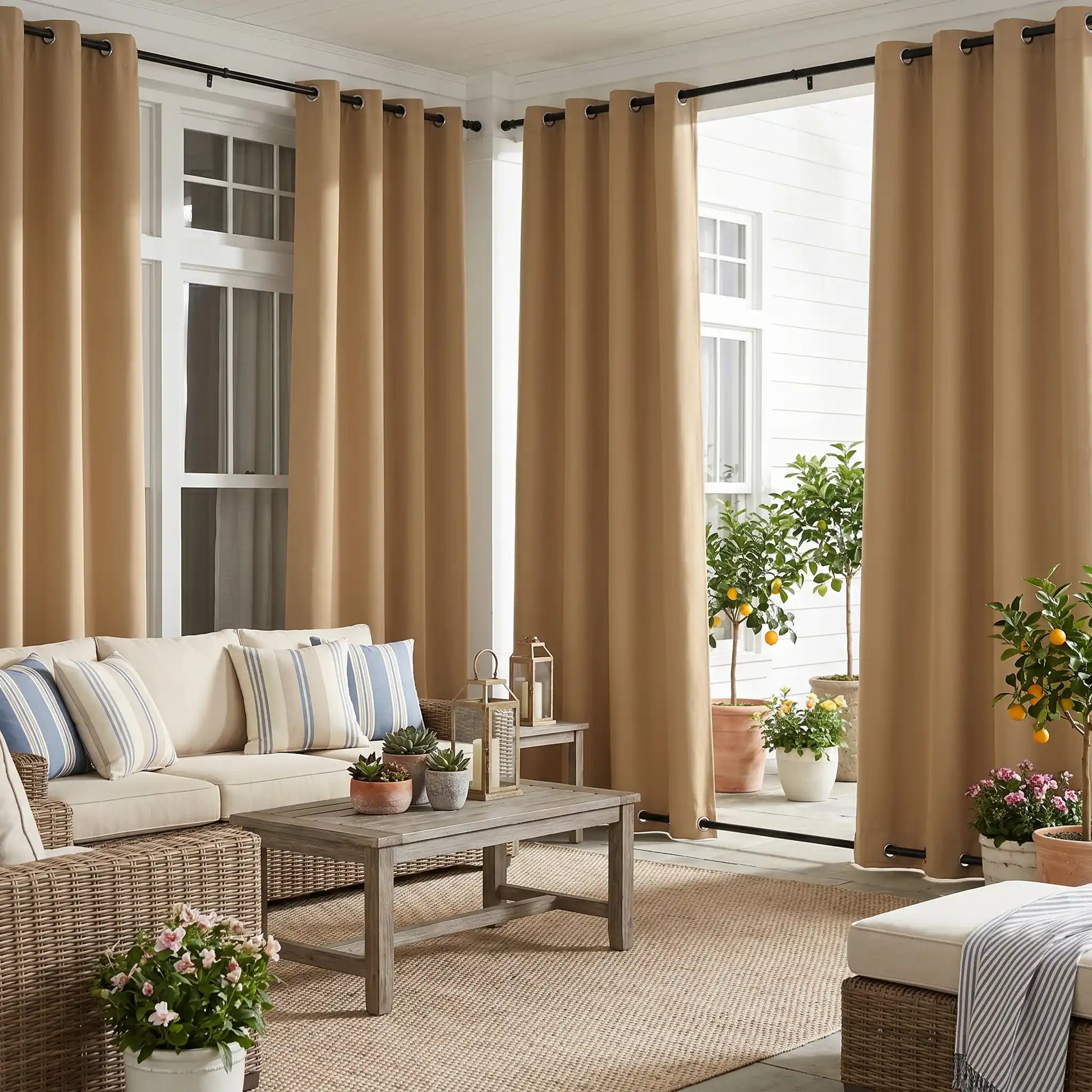 Outdoor curtains with grommet top and bottom, windproof and waterproof, by DWCN Official, perfect for weather-resistant outdoor decor.