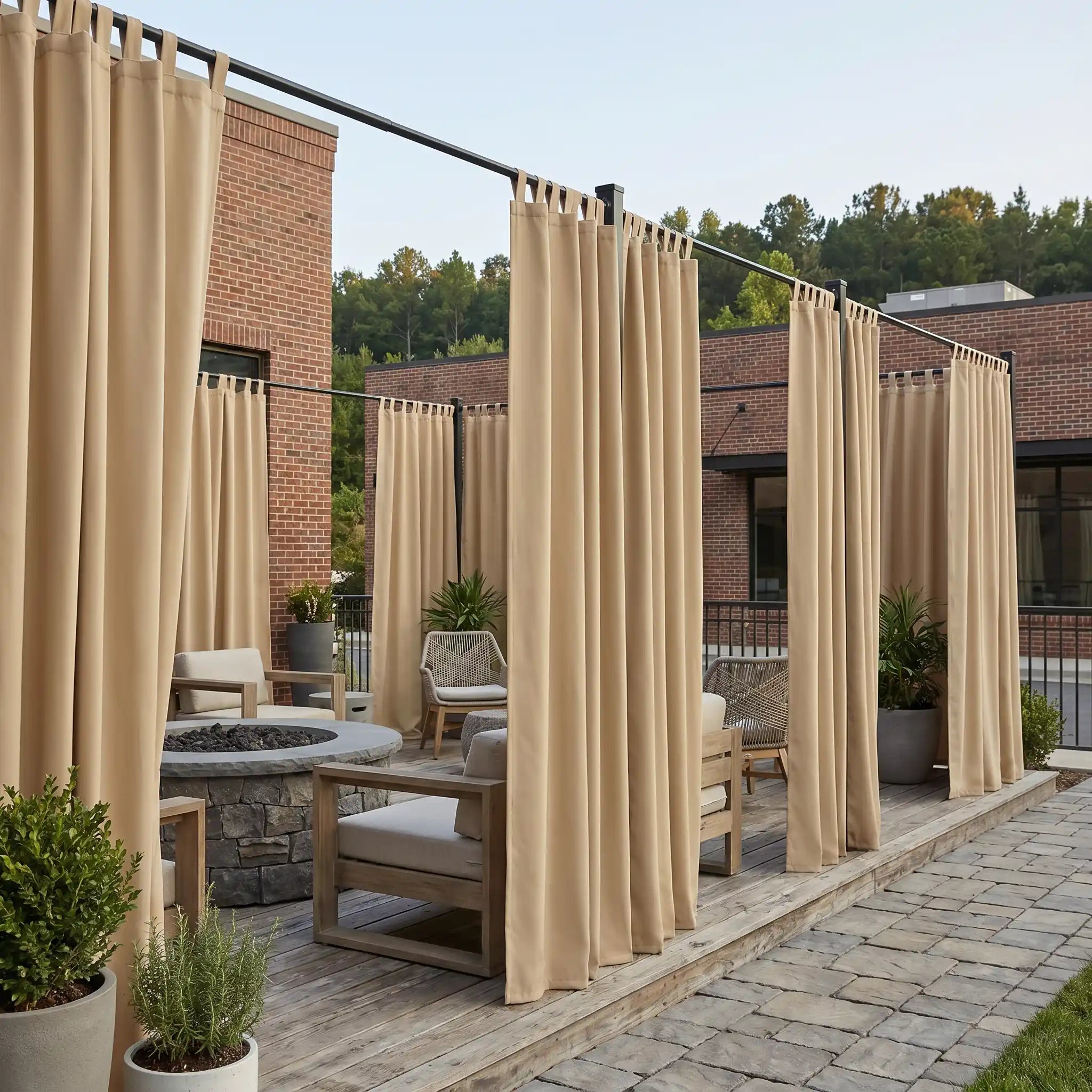 DWCN Official waterproof outdoor curtain with tab top design, ideal for outdoor patio or garden area.