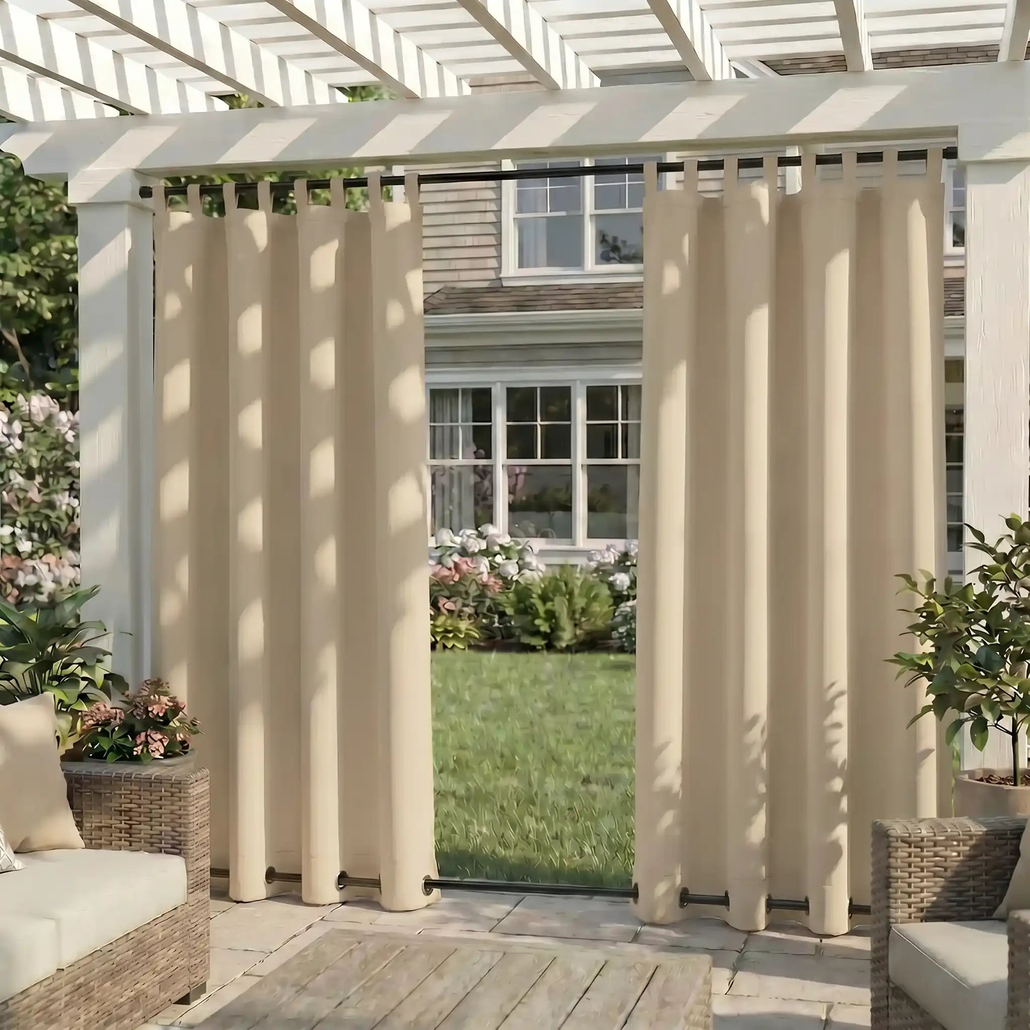 DWCN outdoor curtains with tab top and grommet bottom, windproof and waterproof fabric, suitable for outdoor patio and garden spaces.