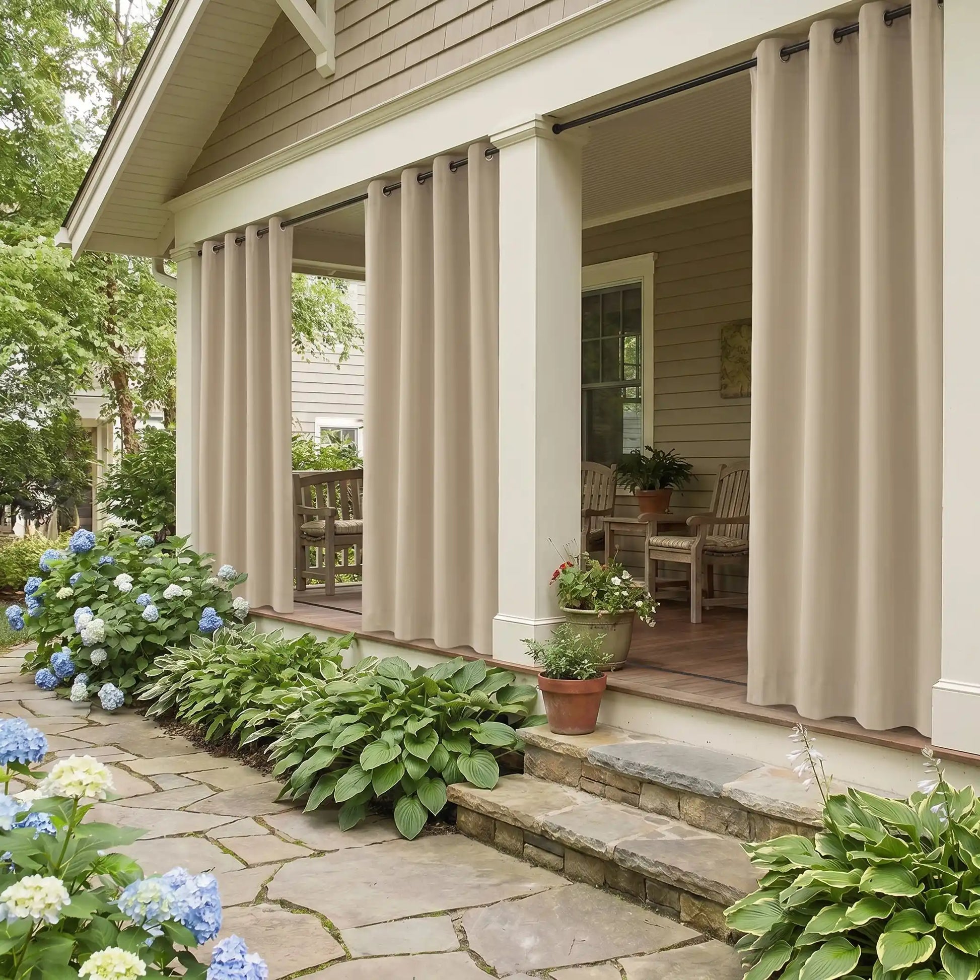 Outdoor curtain with grommet top and ropes, waterproof and windproof by DWCN Official, designed for patio or outdoor space.