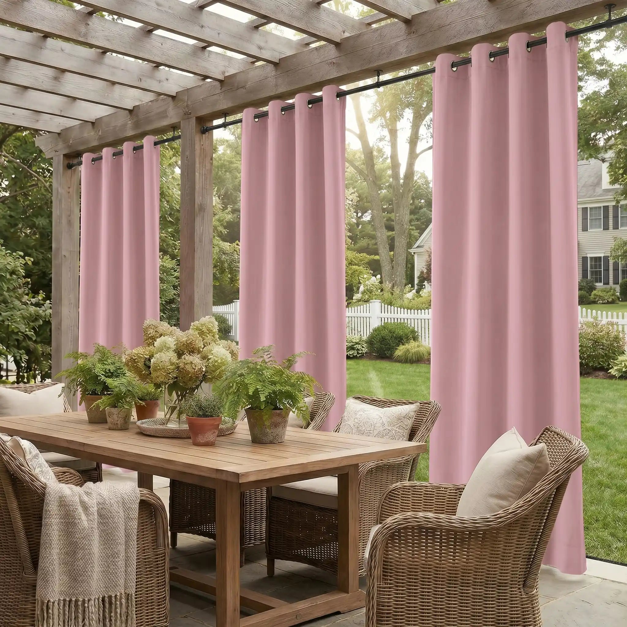 Outdoor waterproof curtain with grommet top and ropes bottom, windproof design by DWCN Official, suitable for outdoor patio or porch.