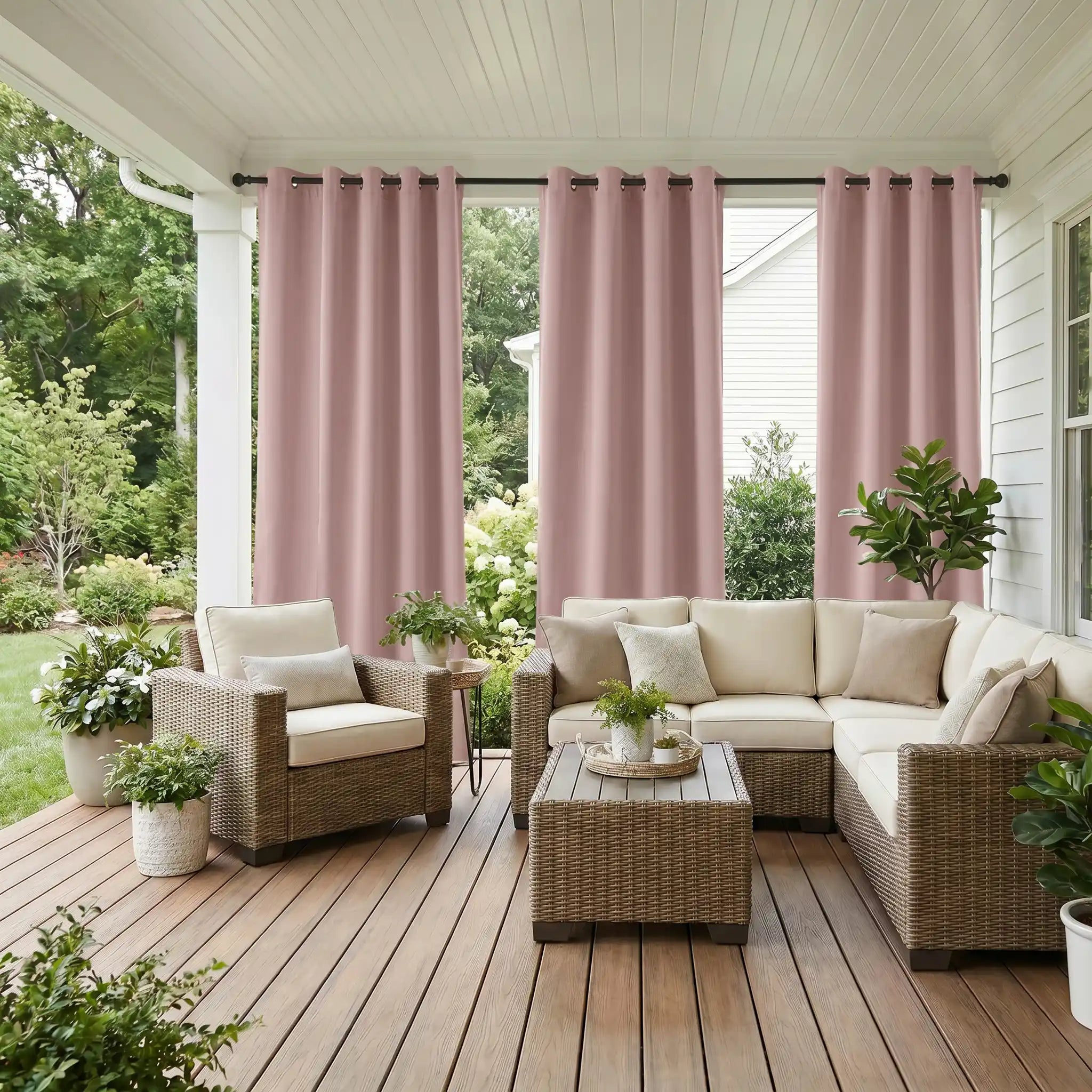 DWCN Official grommet top outdoor curtain with ropes, windproof and waterproof fabric, ideal for outdoor patio or garden use.