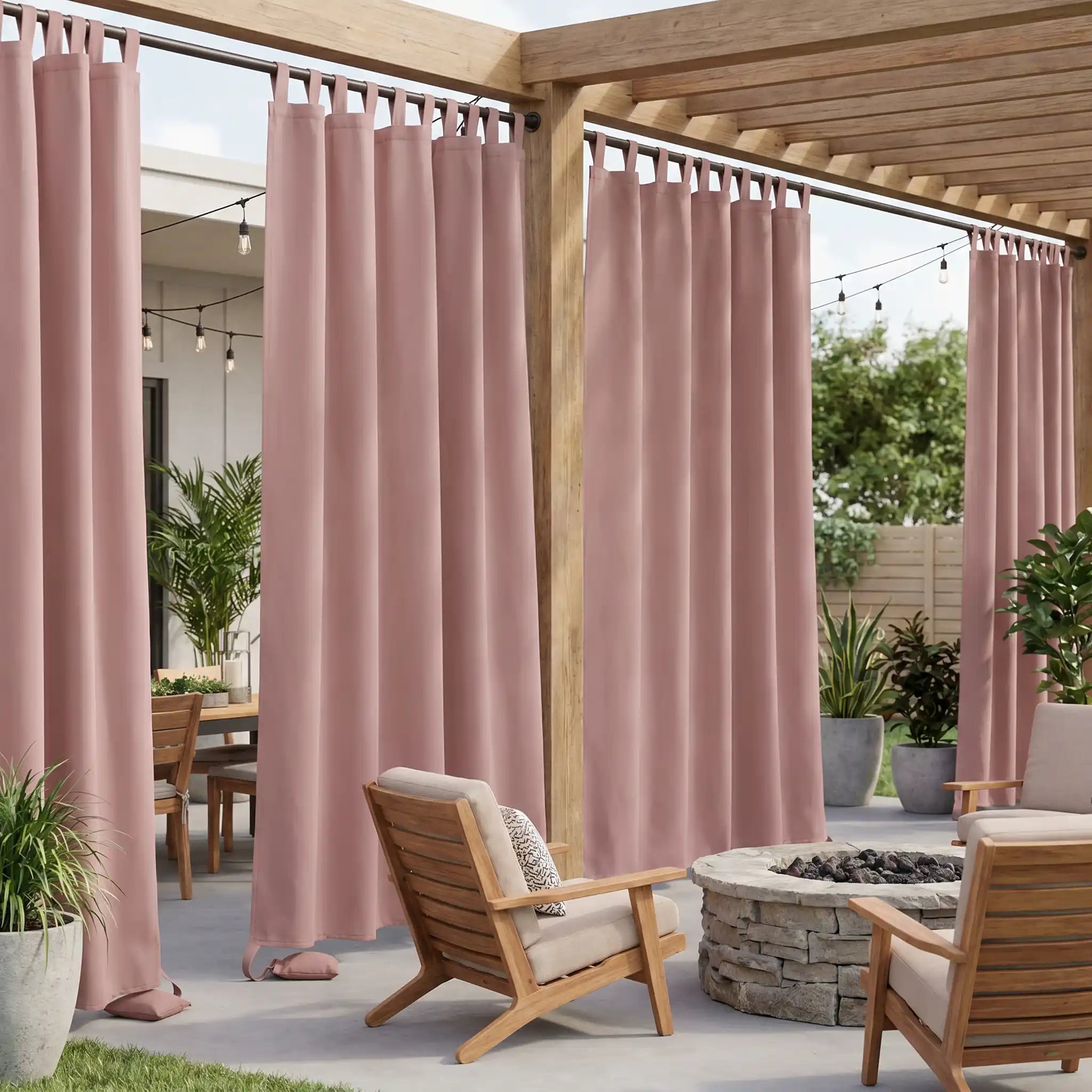 Outdoor curtain by DWCN Official with tab top and weighted bottom, windproof and waterproof fabric for outdoor privacy and protection.