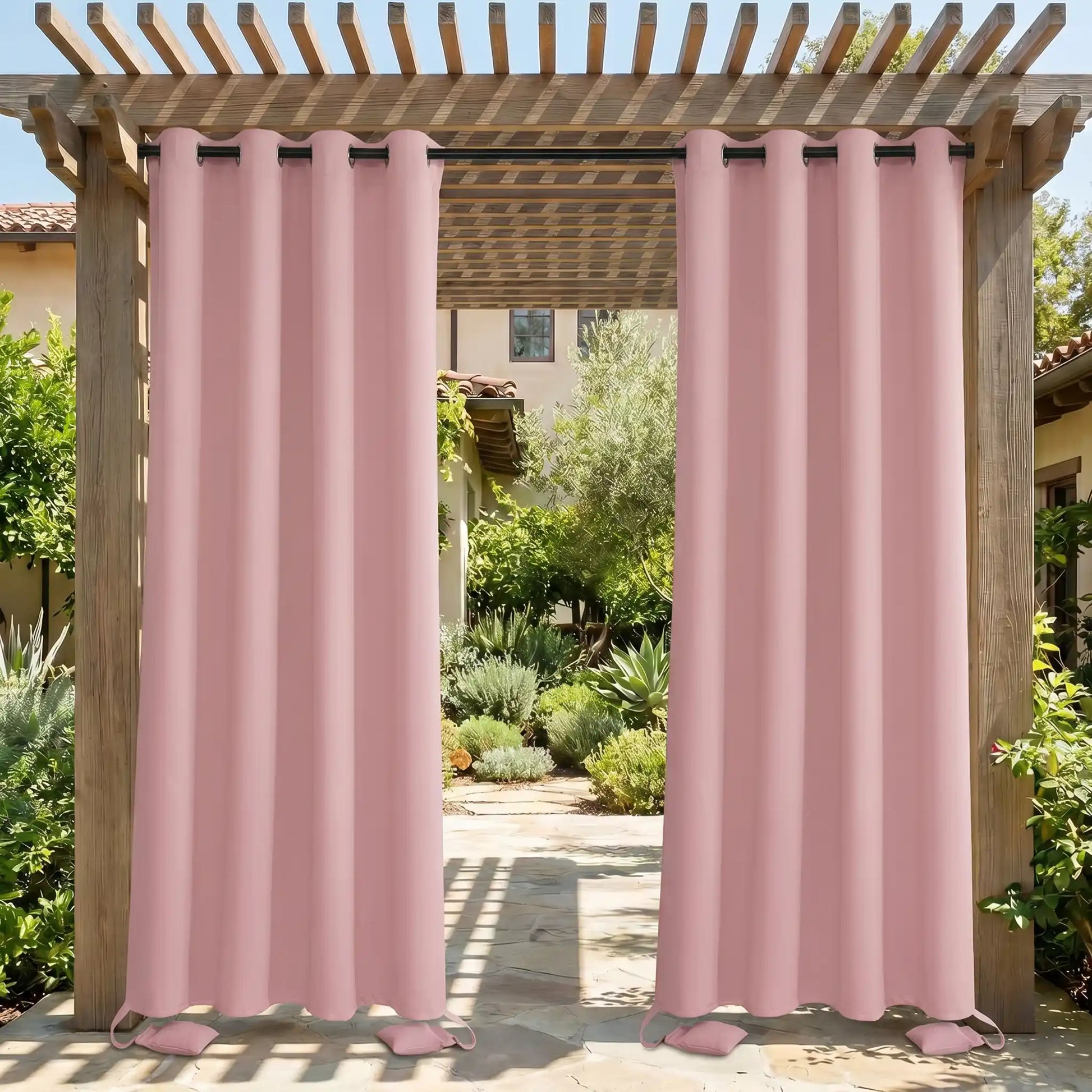 Outdoor waterproof curtain with grommet top and weighted bottom by DWCN Official, windproof design for outdoor privacy and weather resistance.