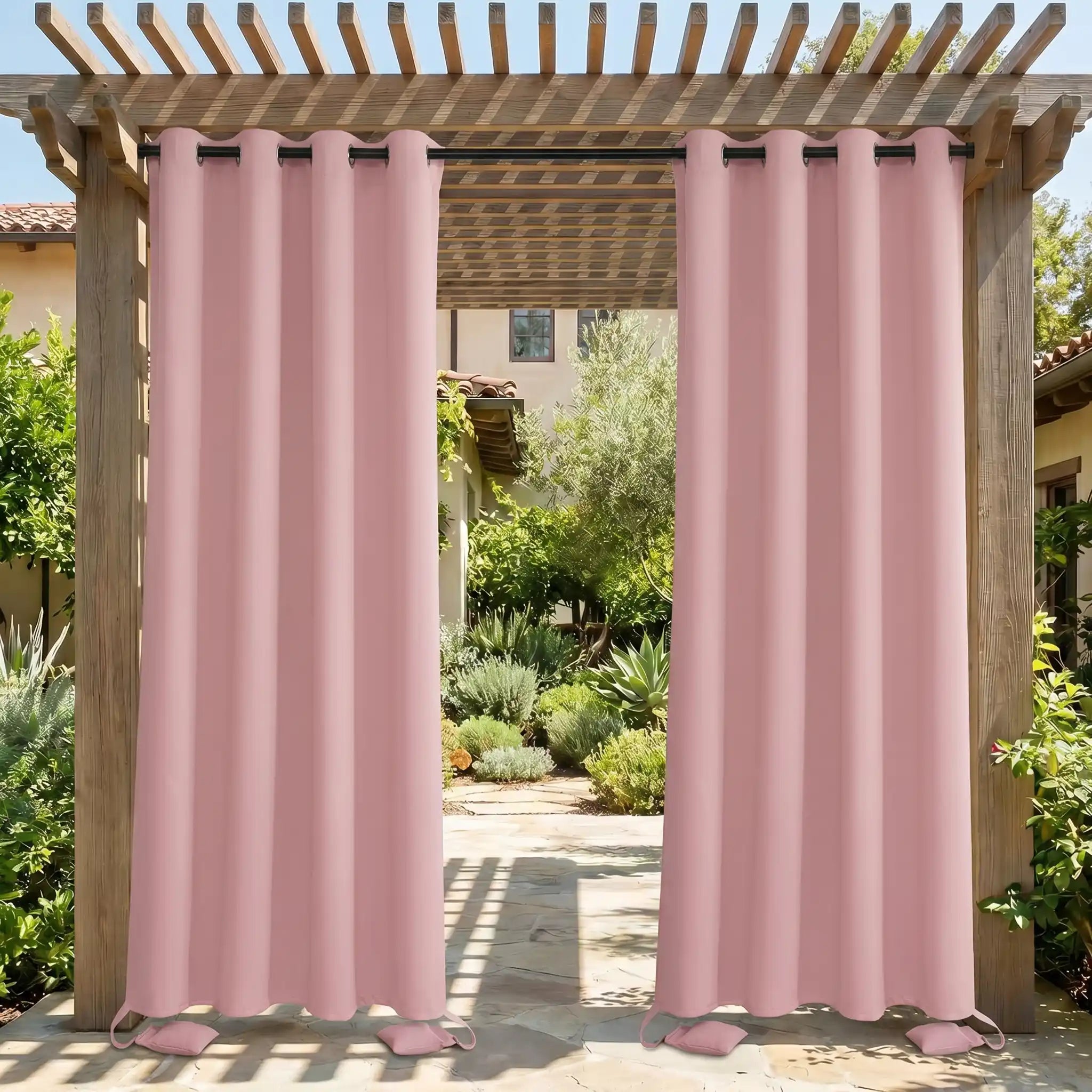 Outdoor waterproof curtain with grommet top and weighted bottom by DWCN Official, windproof design for outdoor privacy and weather resistance.