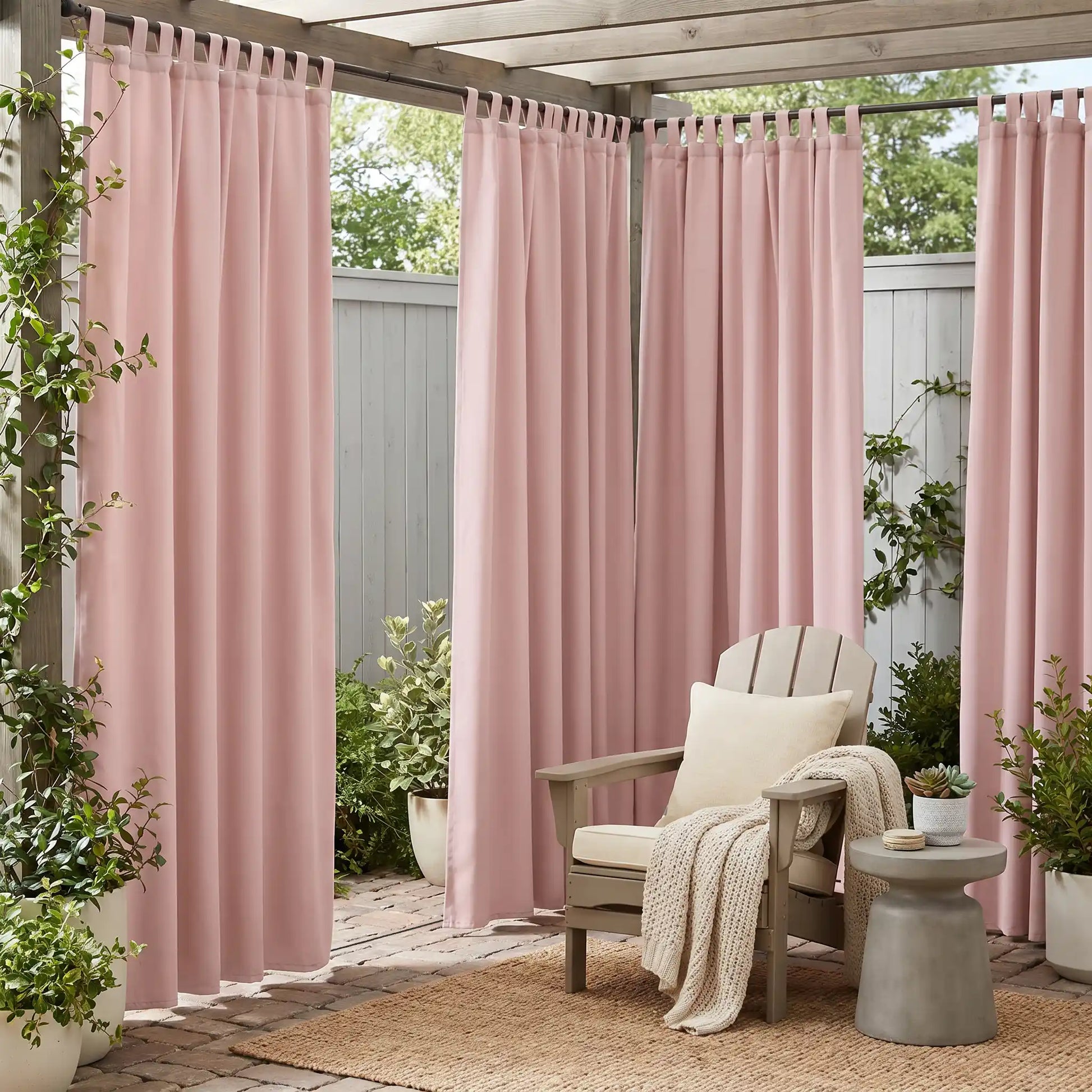DWCN official outdoor curtain with tab top and ropes, windproof and waterproof fabric, ideal for outdoor weather protection.