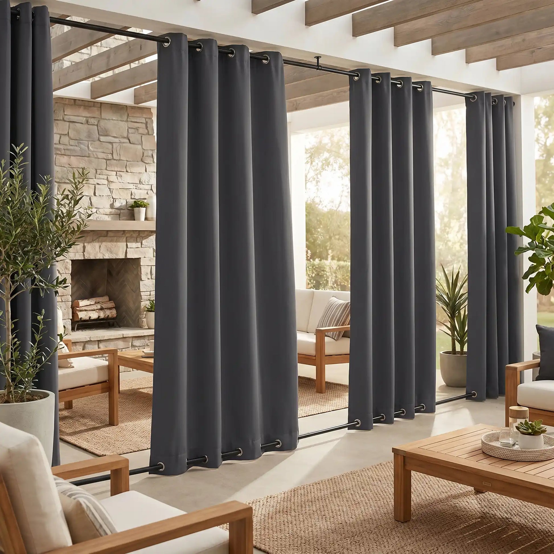 Waterproof outdoor curtains with grommet top and bottom, windproof design by DWCN Official, suitable for outdoor privacy and protection.