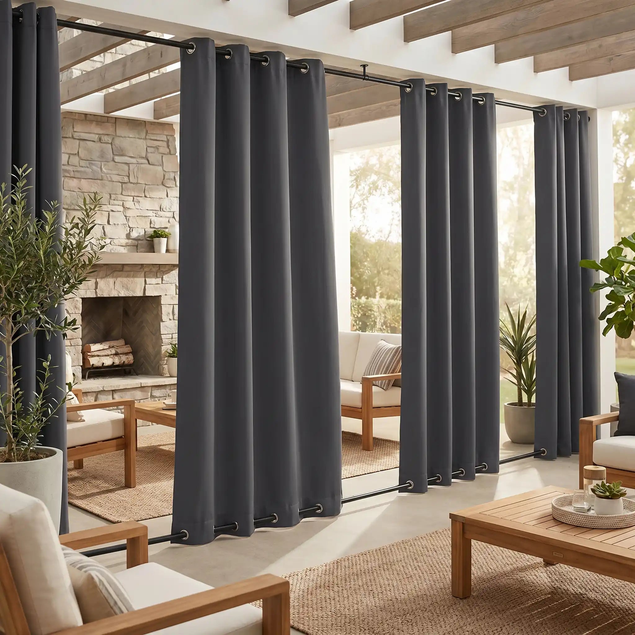 Waterproof outdoor curtains with grommet top and bottom, windproof design by DWCN Official, suitable for outdoor privacy and protection.