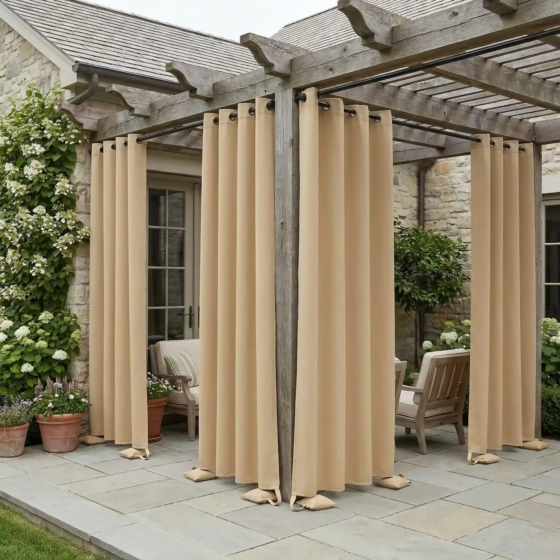 DWCN official outdoor curtain with grommet top and weighted bags, windproof and waterproof for patio or balcony protection.