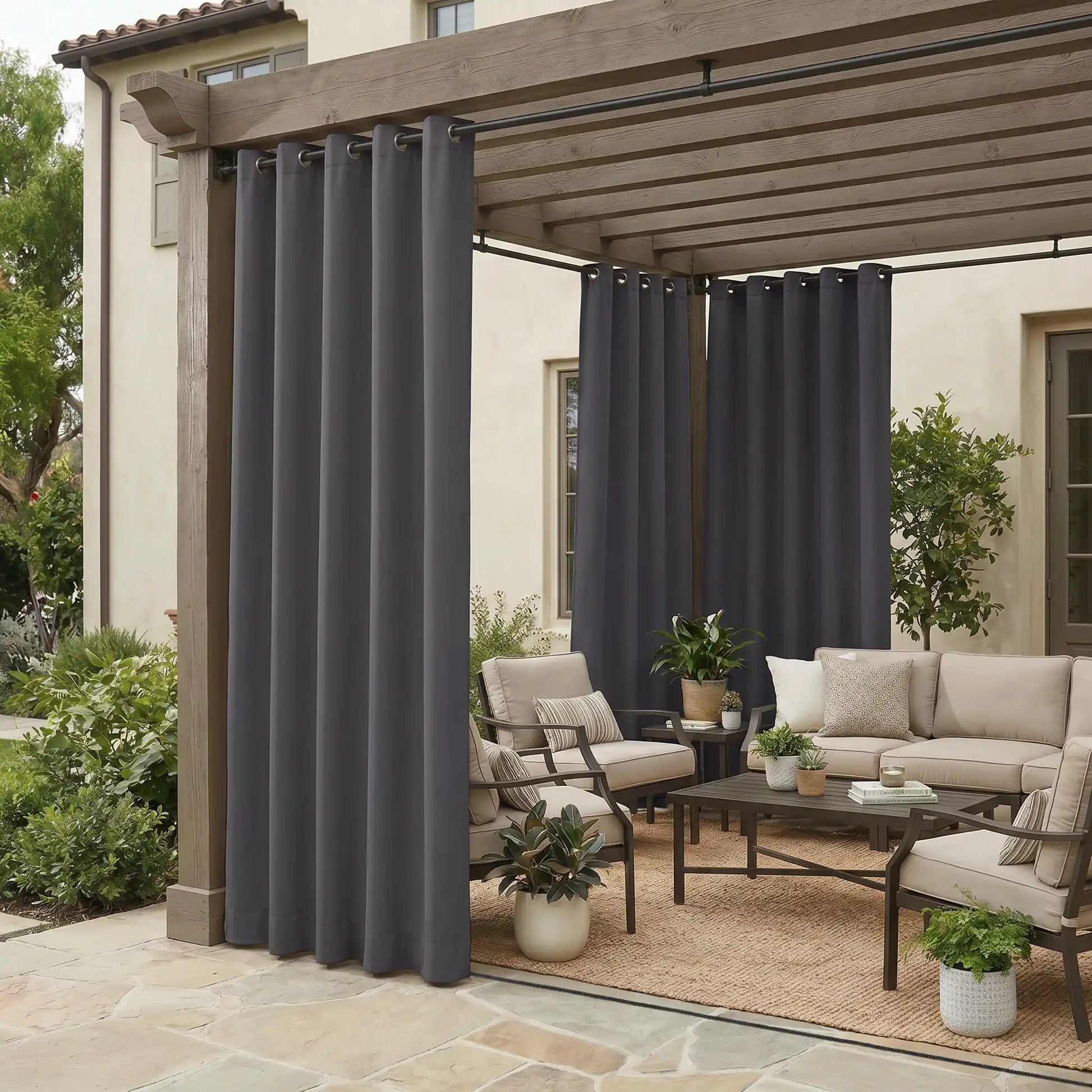 Outdoor curtain with grommet top and ropes, waterproof and windproof by DWCN Official, shown hanging outdoors with fabric folds.