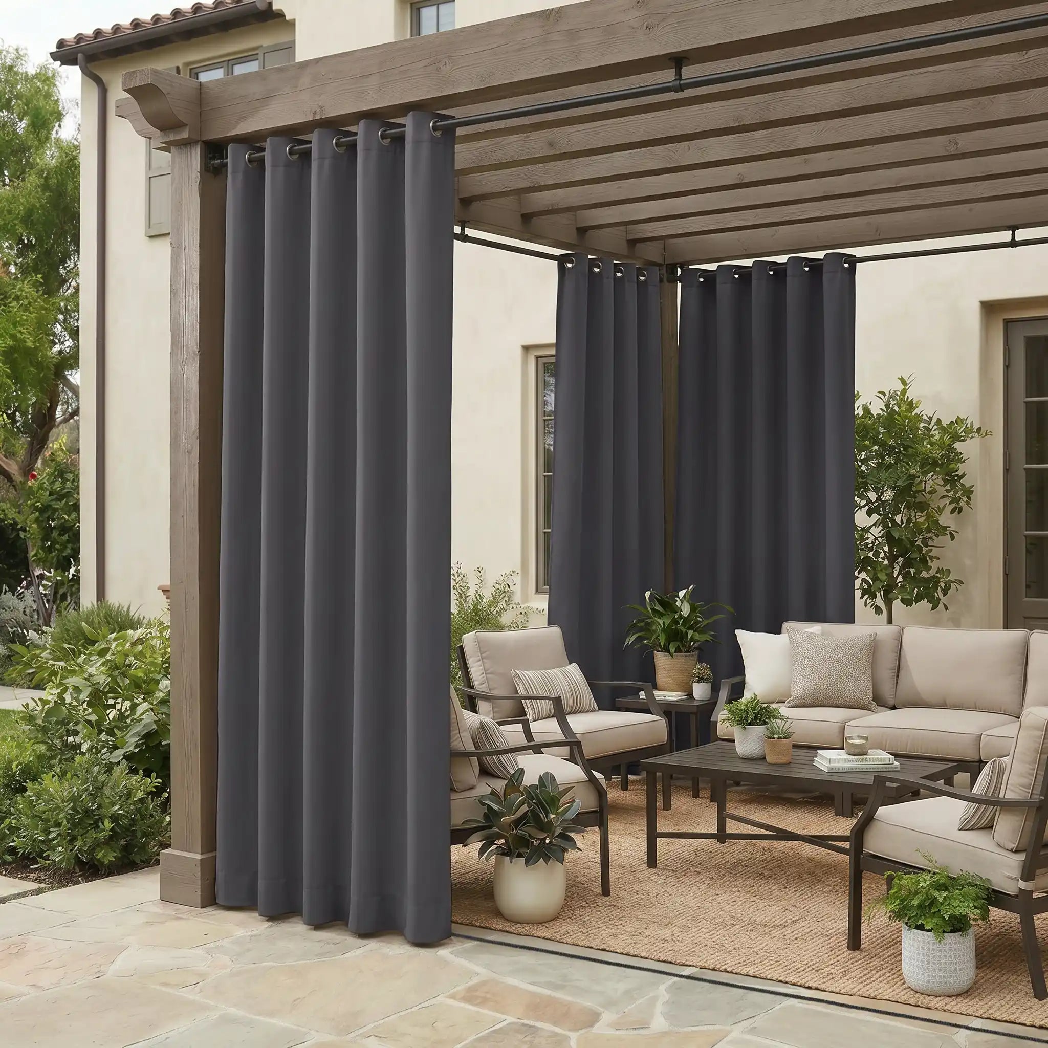 Outdoor curtain with grommet top and ropes, waterproof and windproof by DWCN Official, shown hanging outdoors with fabric folds.