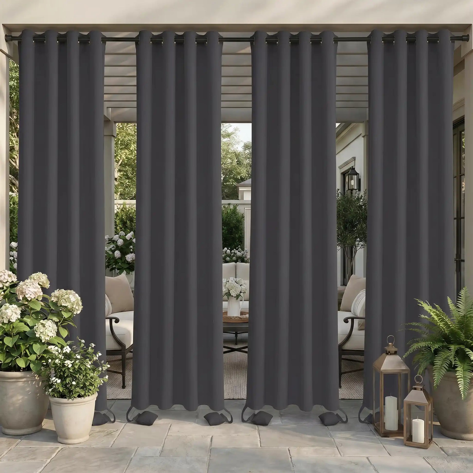DWCN Official outdoor curtain with grommet top and weighted bags, windproof and waterproof for outdoor privacy and weather resistance.