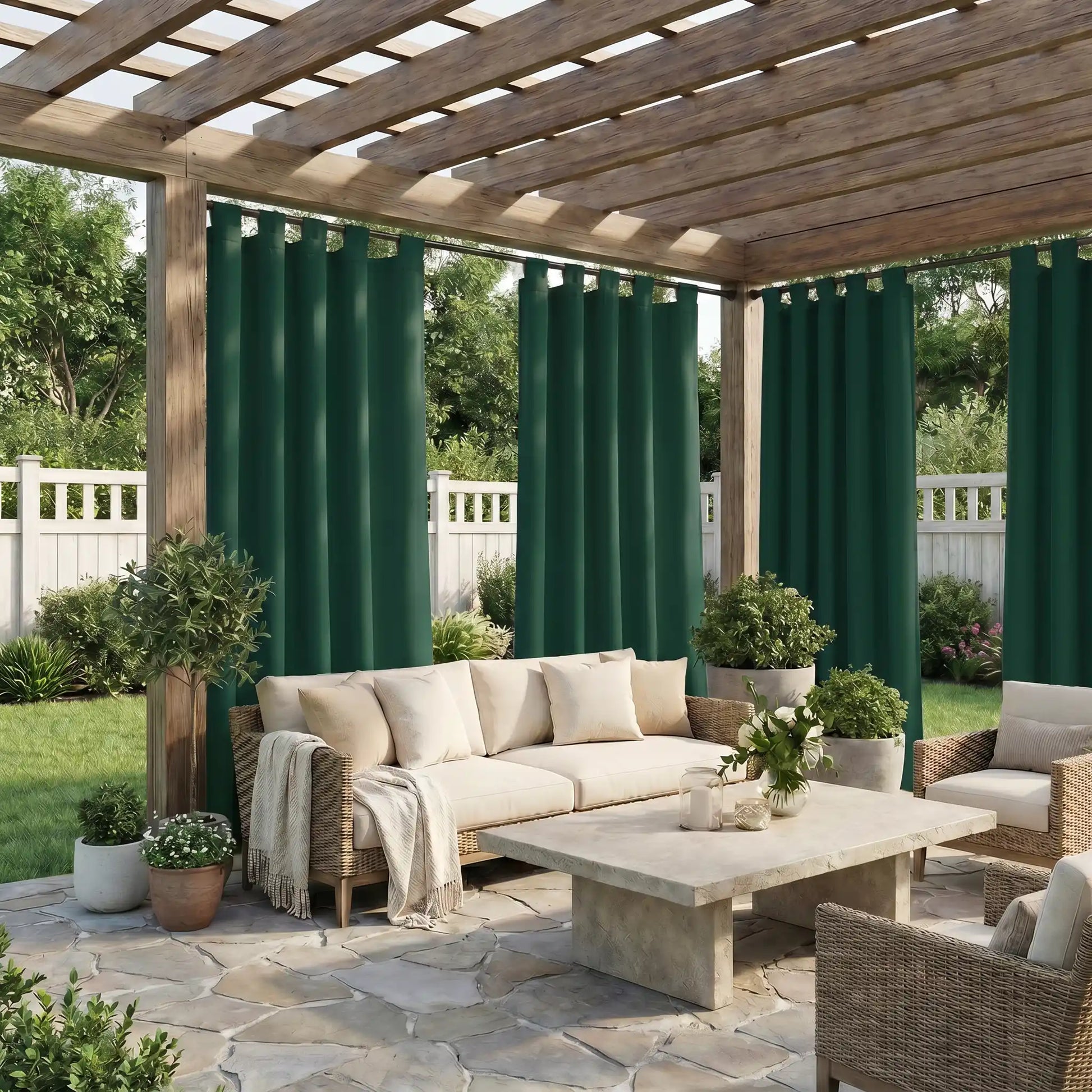 DWCN Official waterproof outdoor curtain with tab top design, ideal for patio or balcony weather protection.