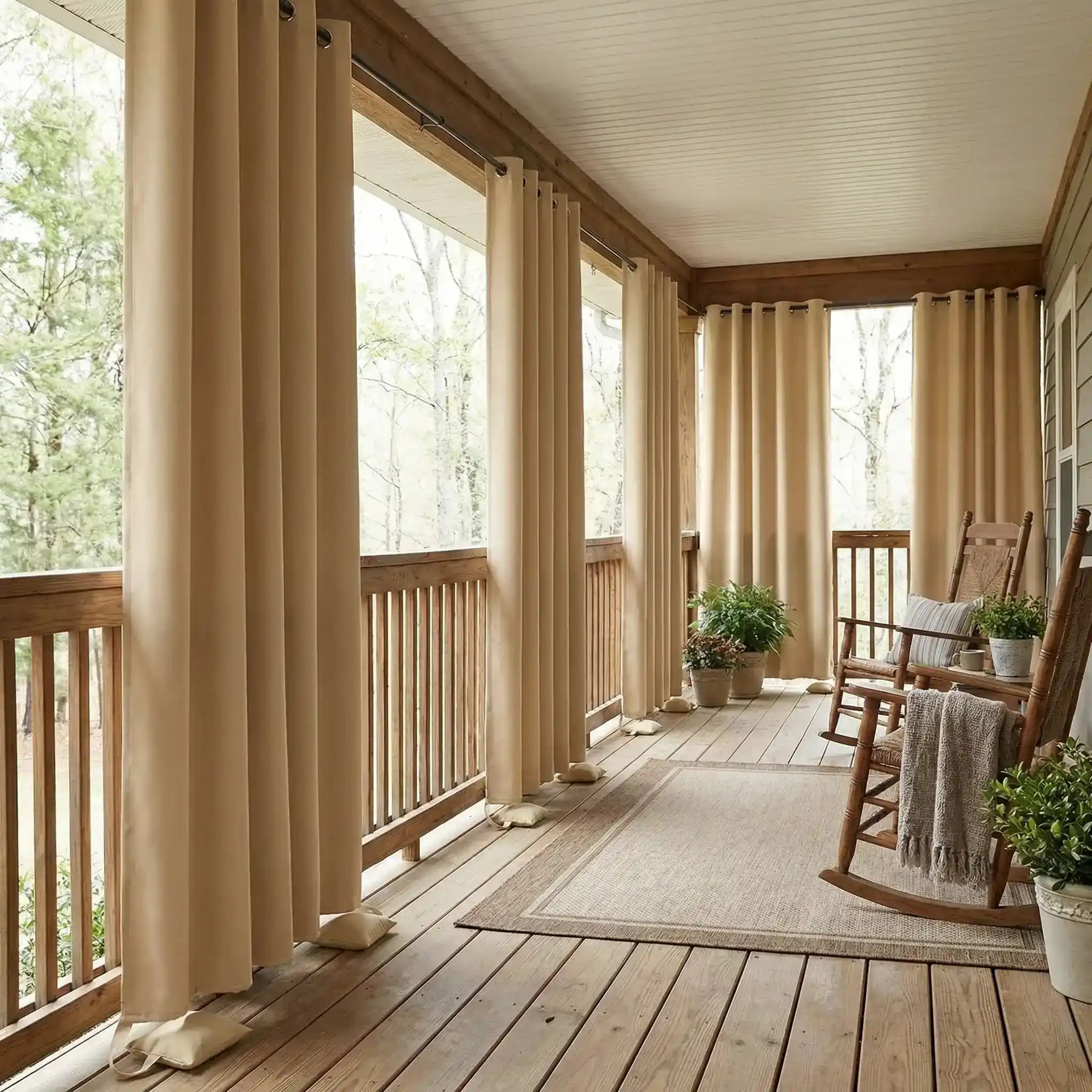 Outdoor waterproof curtain with grommet top and weighted bottom bags, windproof design by DWCN Official.