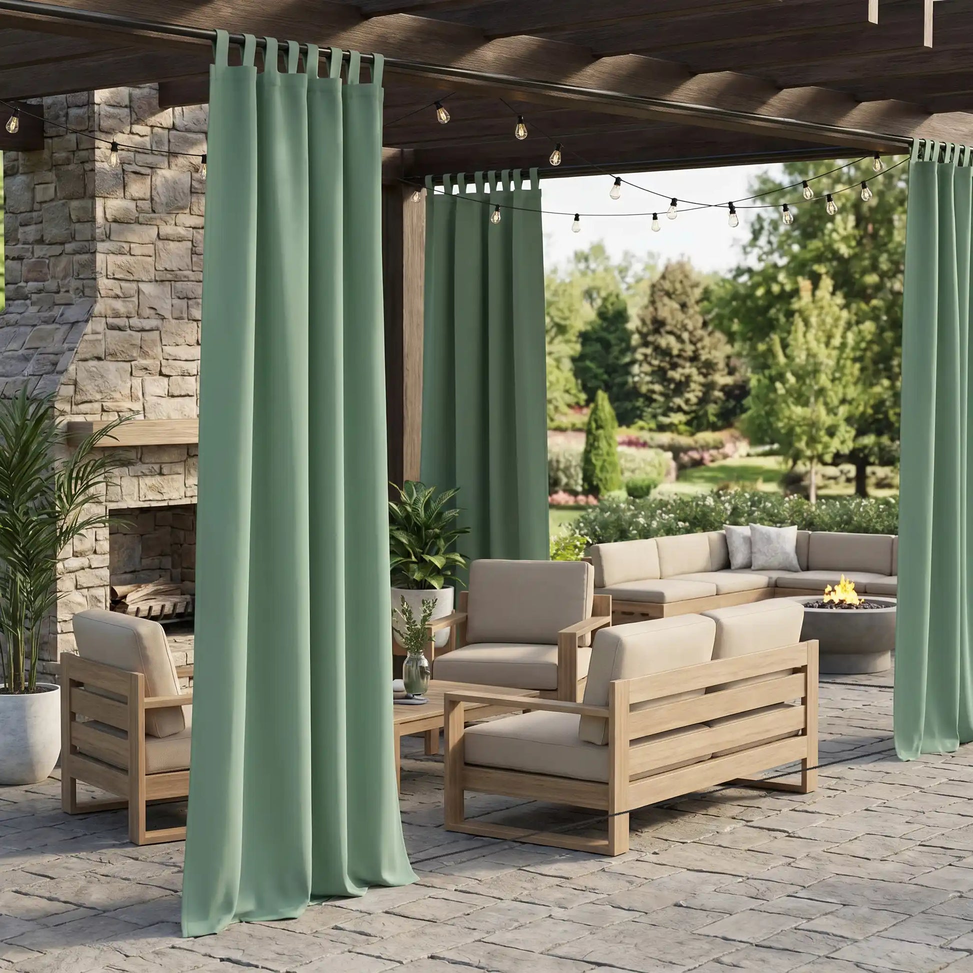 DWCN official outdoor curtain with tab top and rope ties, windproof and waterproof fabric for garden or patio protection