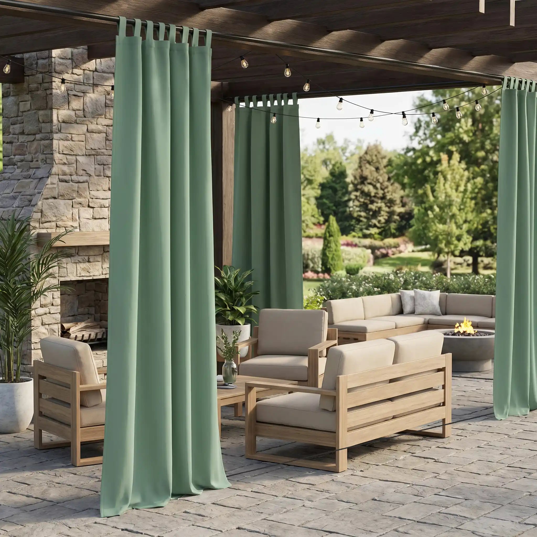 DWCN official outdoor curtain with tab top and rope ties, windproof and waterproof fabric for garden or patio protection