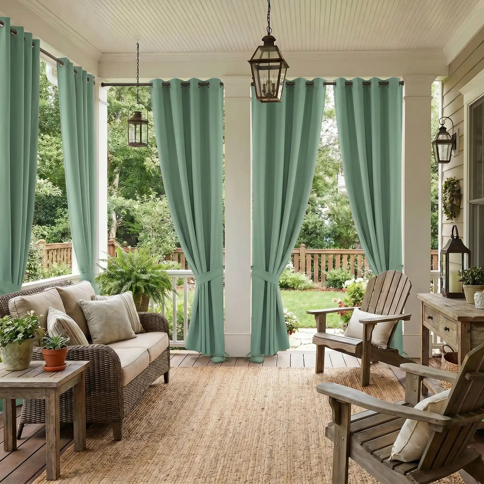 Outdoor waterproof curtain with grommet top and weighted bottom, windproof design by DWCN Official, ideal for outdoor privacy and protection.